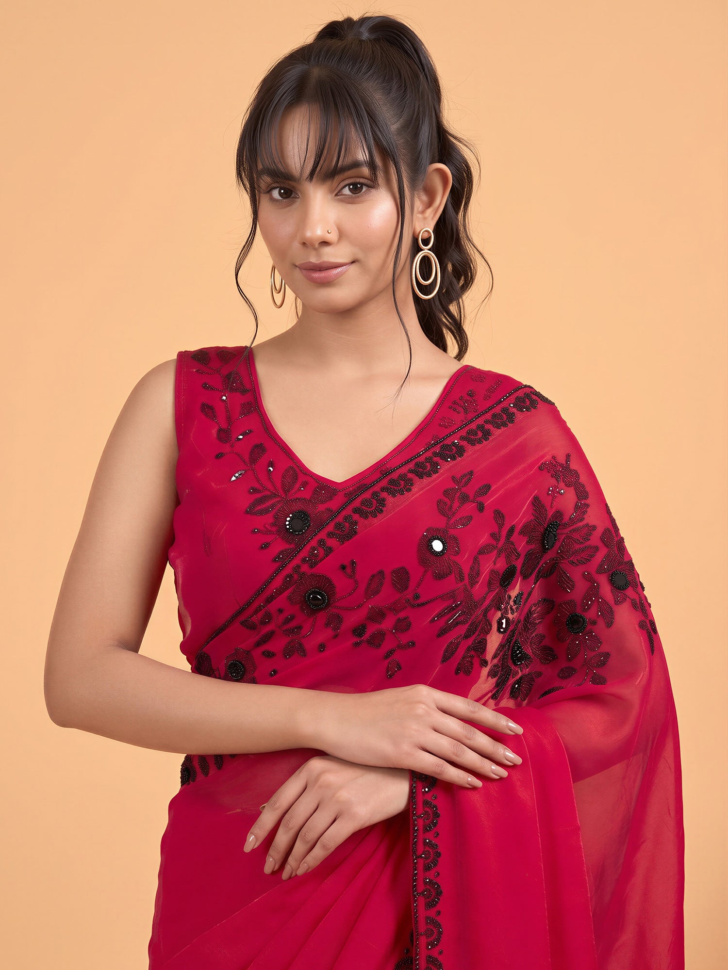 Pink Satin Silk saree – detail view 4