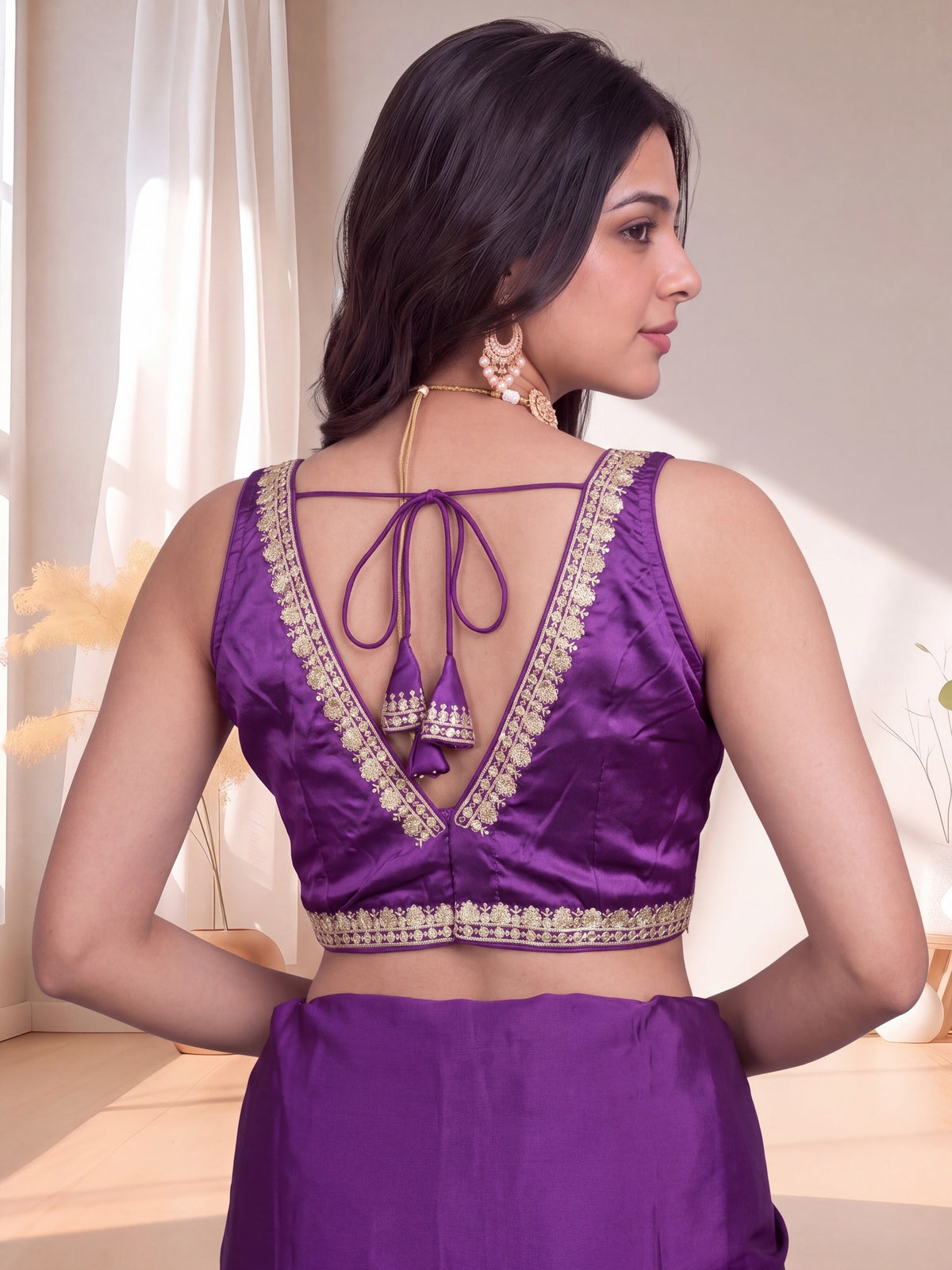 Violet sequin embellished silk blend sleeveless readymade saree blouse with deep v neck view 3