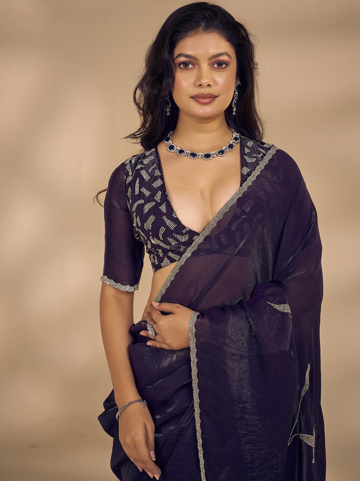 Purple satin silk saree view 5