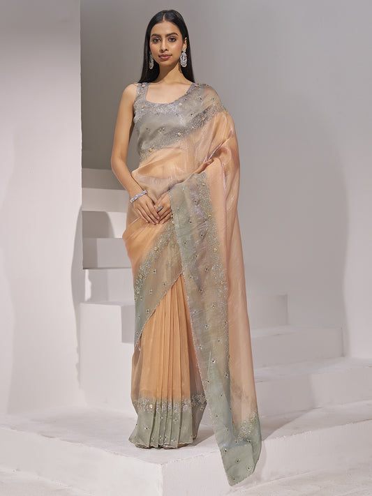 Peach applique organza saree with sea green blouse piece