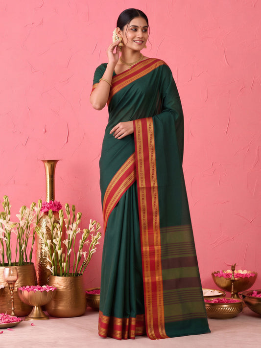 Dark Brown solid cotton blend saree with dark brown blouse piece