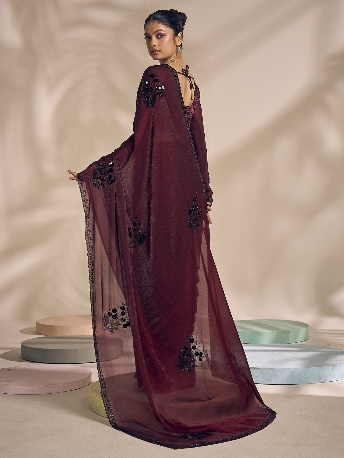 Wine satin silk saree view 2