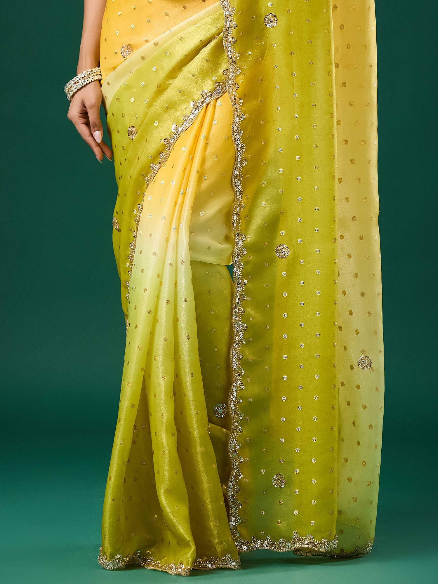 Yellow Satin saree – detail view 5
