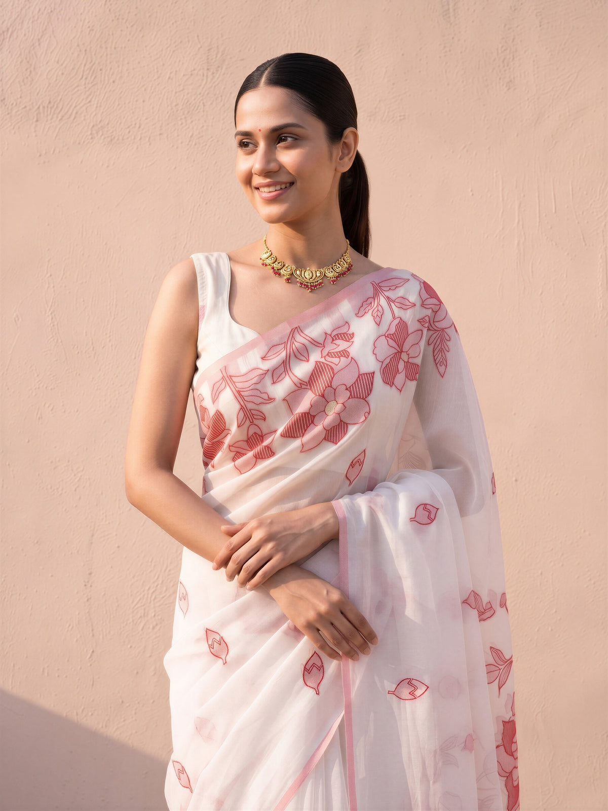 White Cotton Linen saree – detail view 3