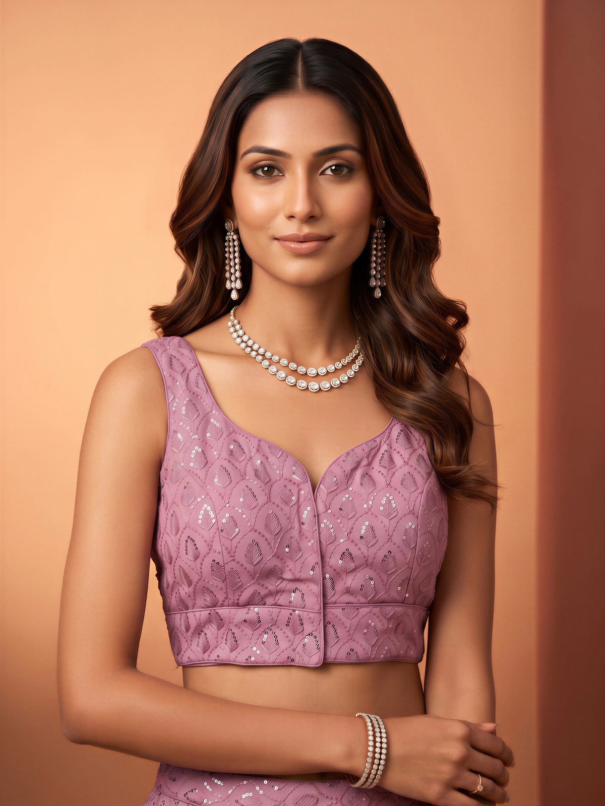 Lavender sequin embroidered georgette sleeveless readymade saree blouse with sweetheart neck view 3
