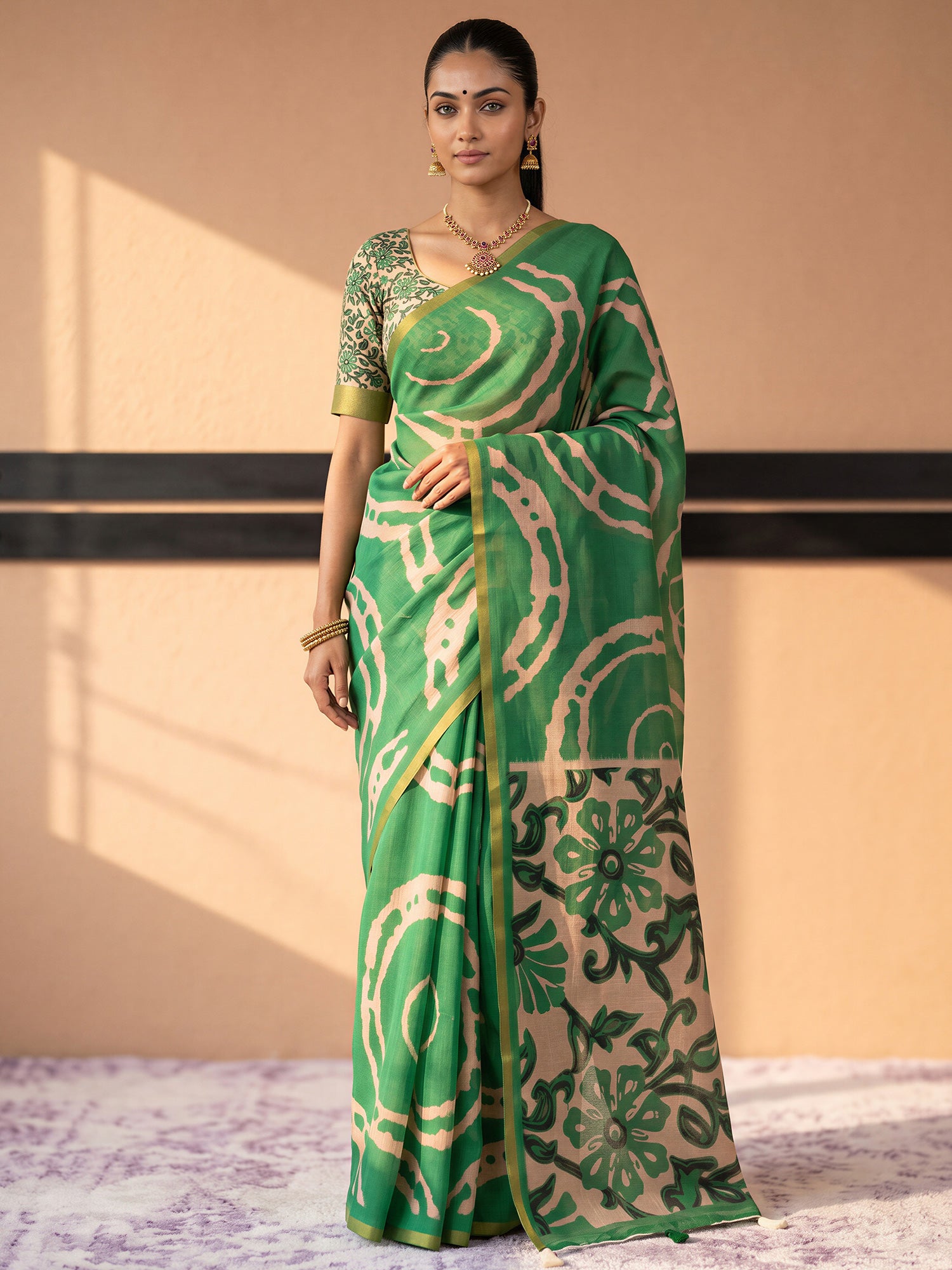 Woman wearing light green cotton blend saree with shibori resist-dye pattern and light green blouse