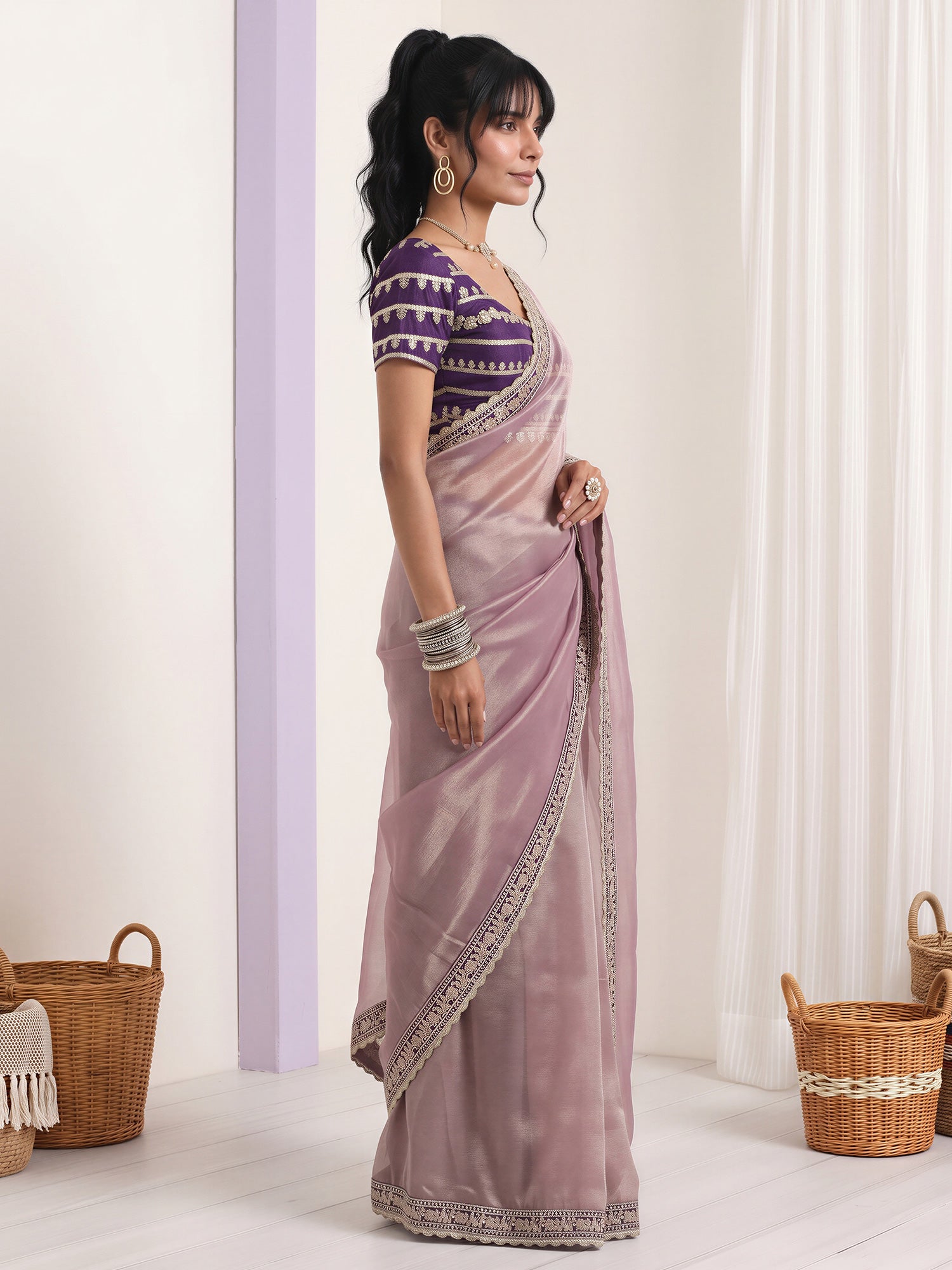 Lavender Net saree – detail view 2
