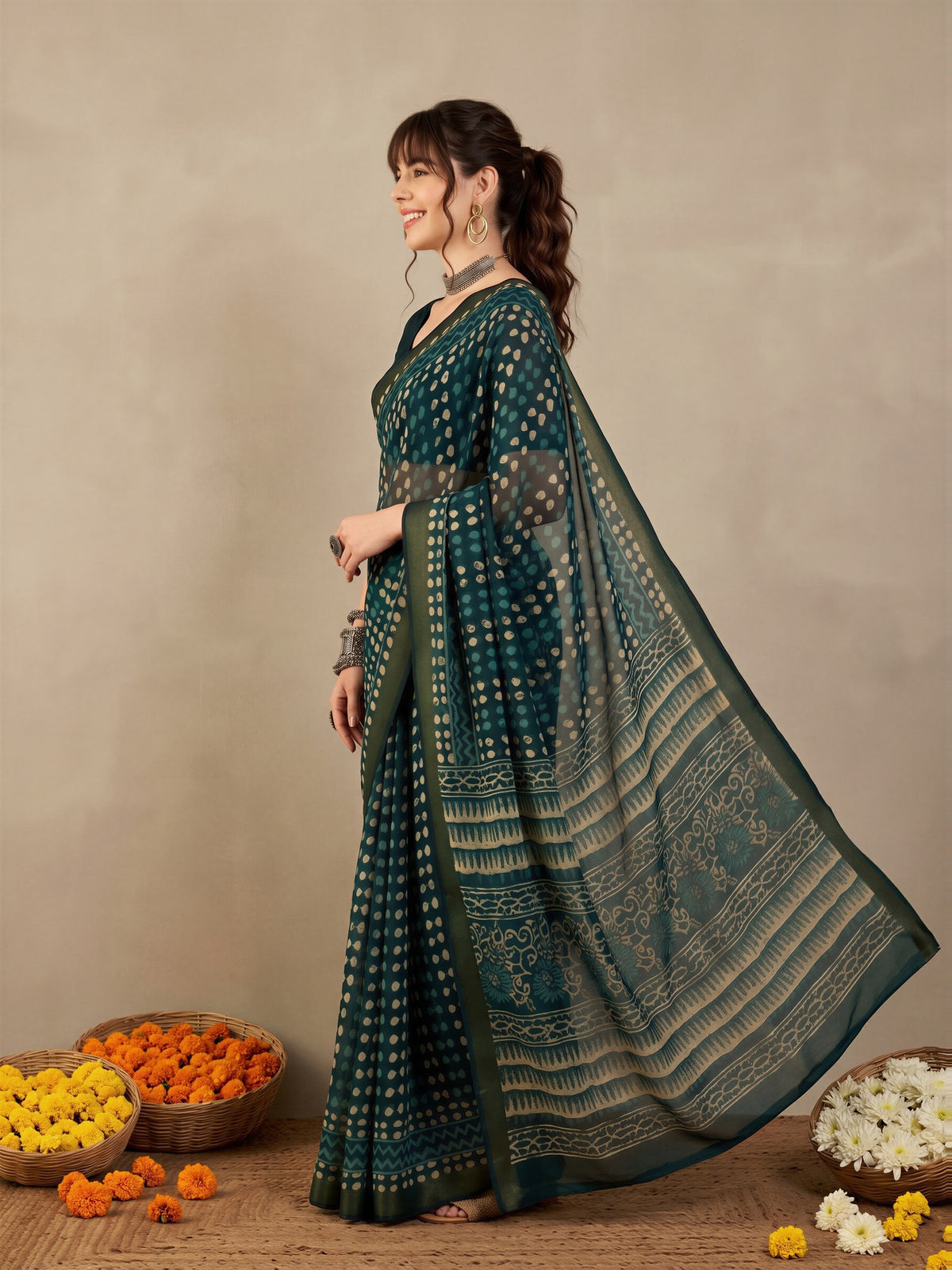 Teal Blue Cotton Linen saree – detail view 2
