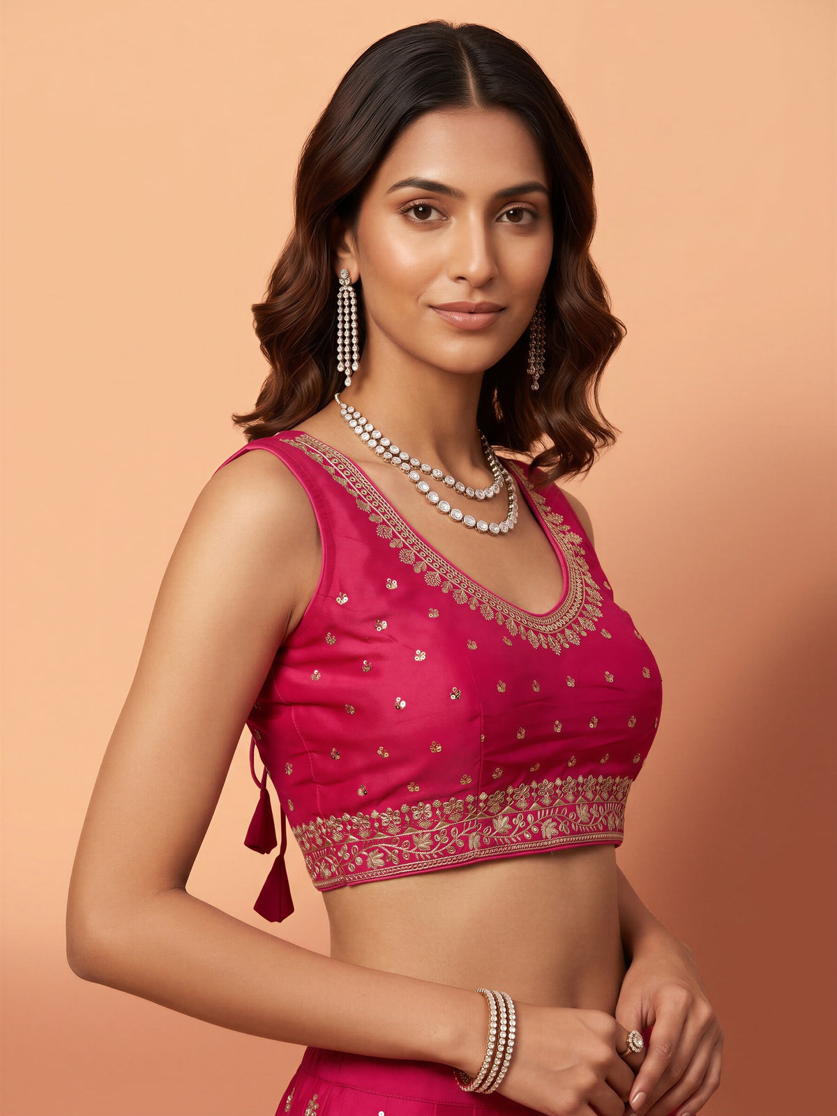 Pink sequin embellished silk blend sleeveless readymade saree blouse with round neck view 3