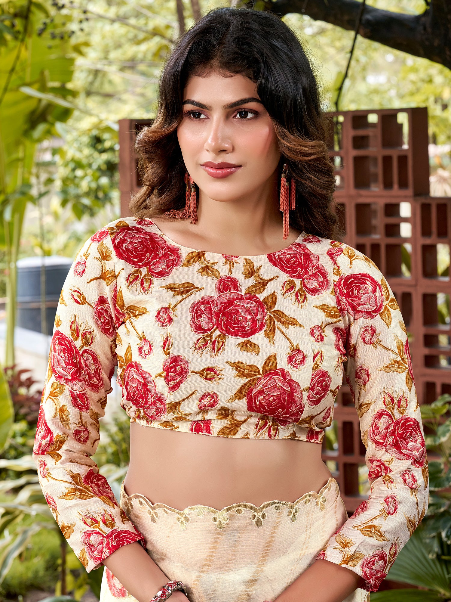 Unstitched multicolored pashmina silk blouse piece with floral design