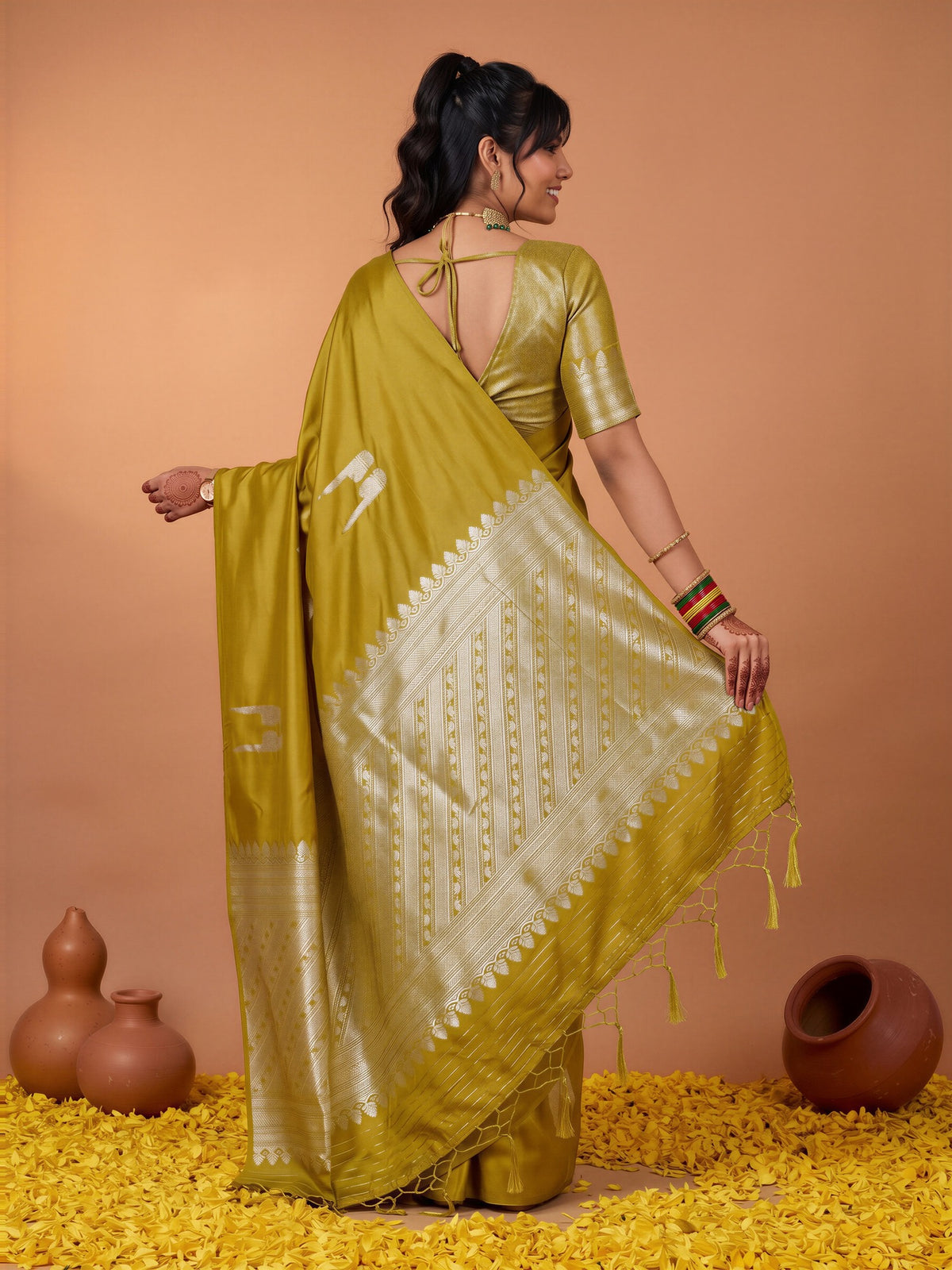 Olive Satin saree – detail view 1