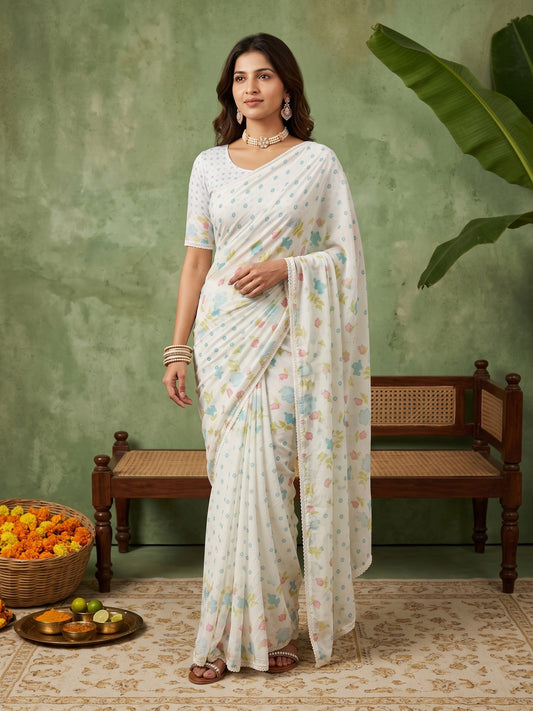 Woman wearing off white georgette saree with all-over floral design and off white blouse