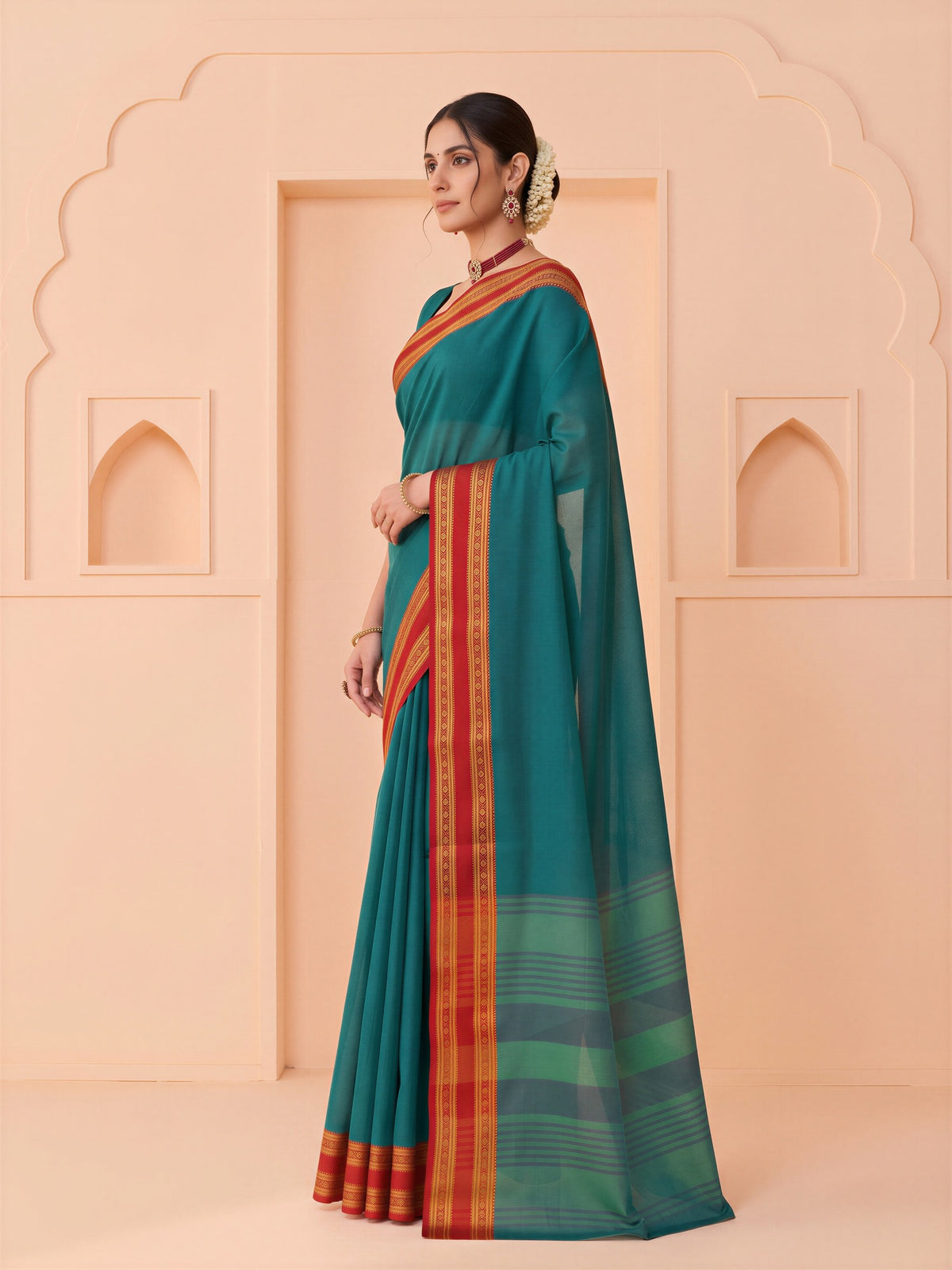 Teal Blue cotton blend saree view 2