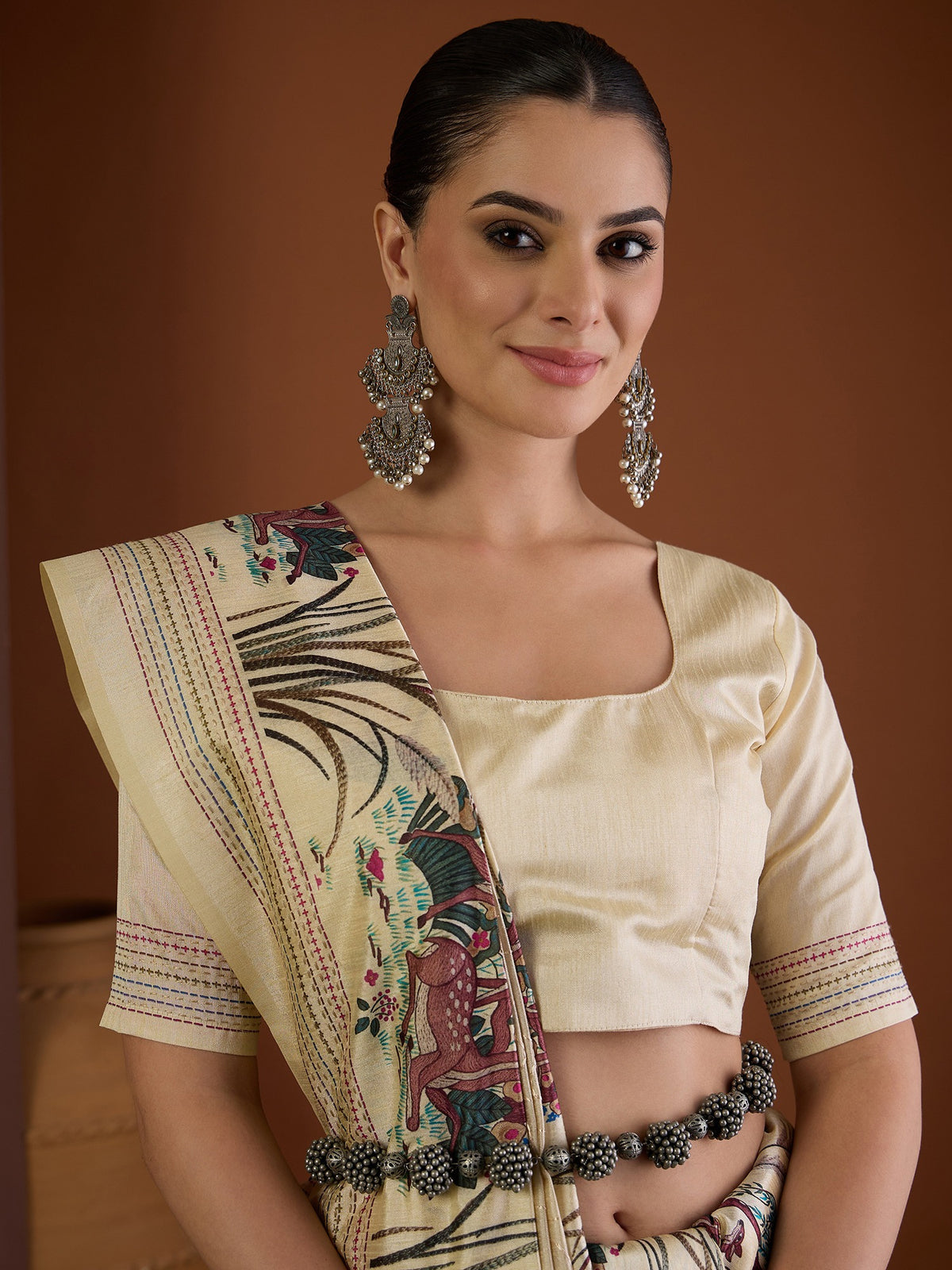 Cream art silk saree view 6