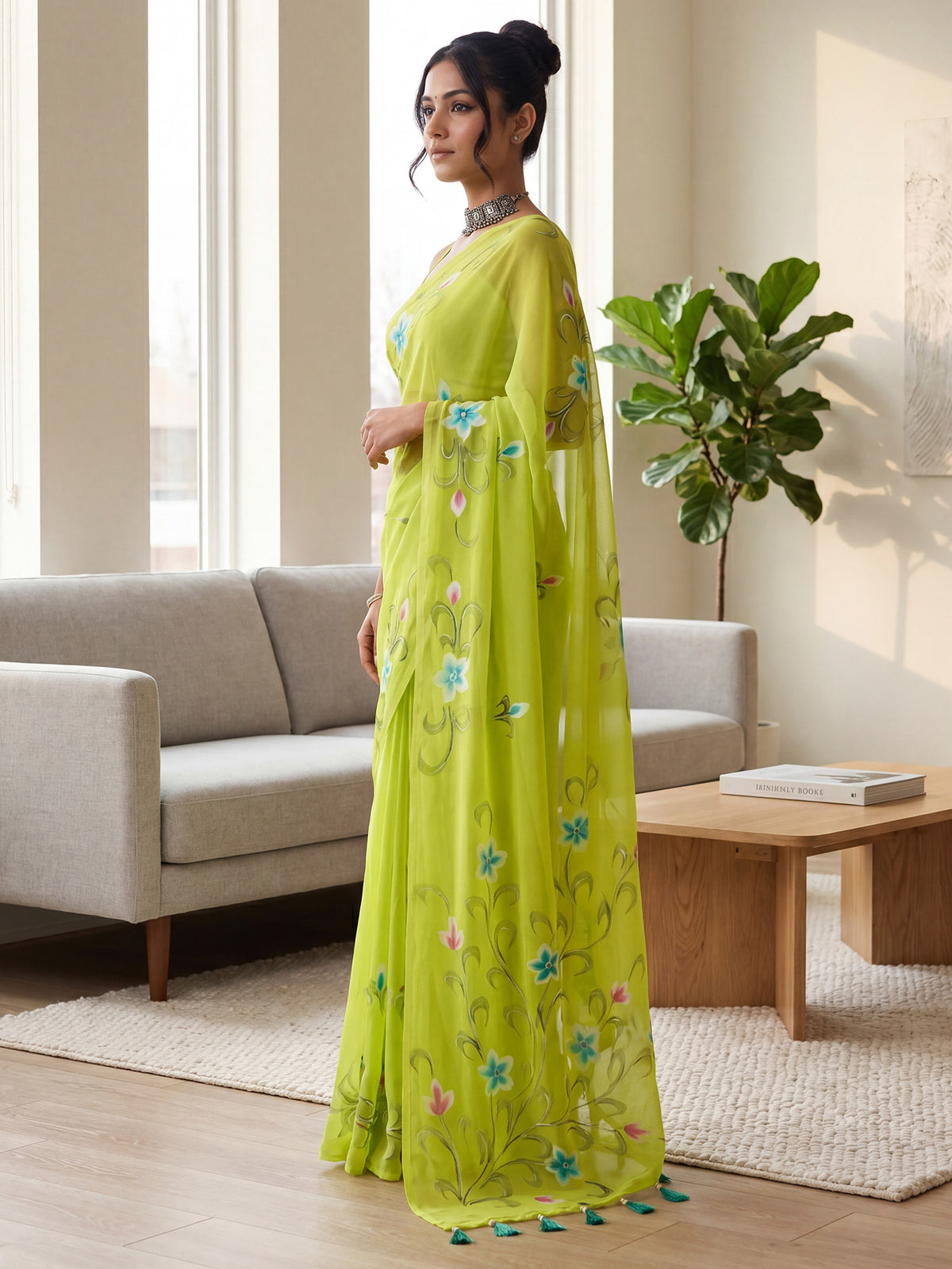 Lime Green Georgette saree – detail view 2