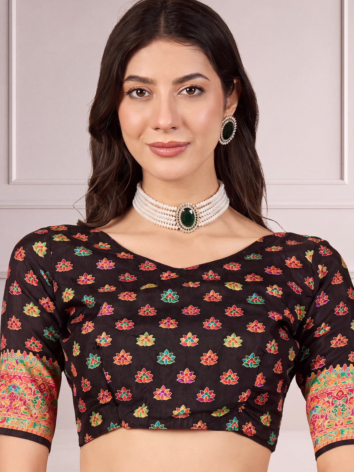 Unstitched black dola silk blouse piece with ethnic motif design