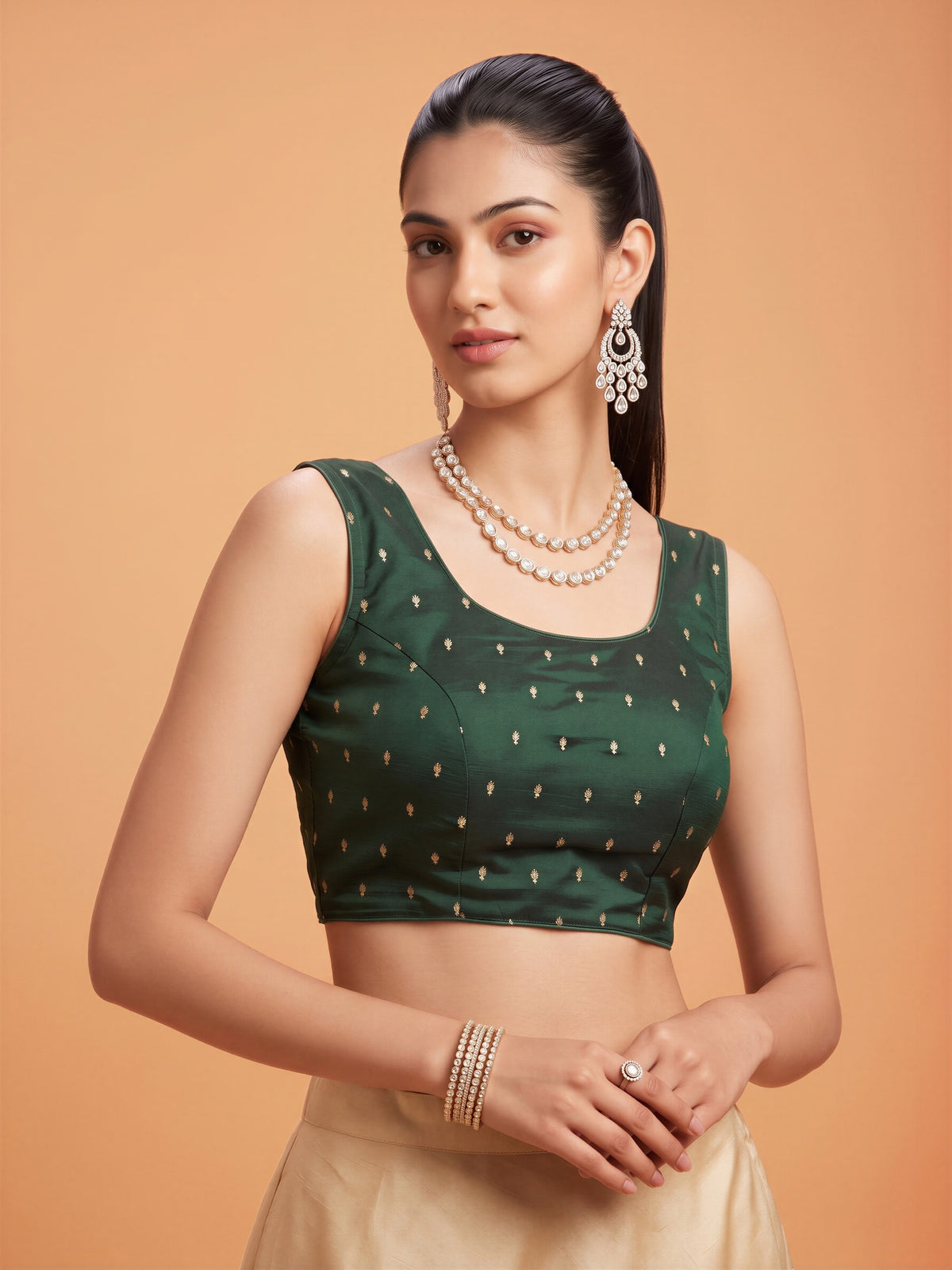 Dark Green sequin embellished silk blend sleeveless readymade saree blouse with round neck view 3