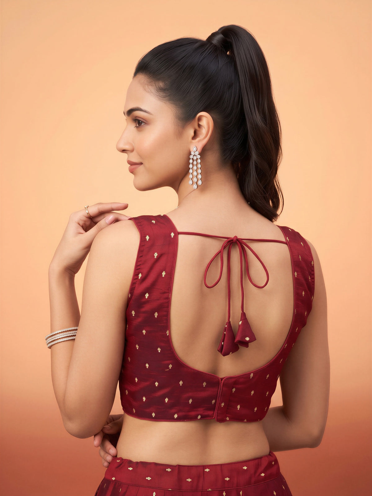 Maroon sequin embellished silk blend sleeveless readymade saree blouse with round neck view 1