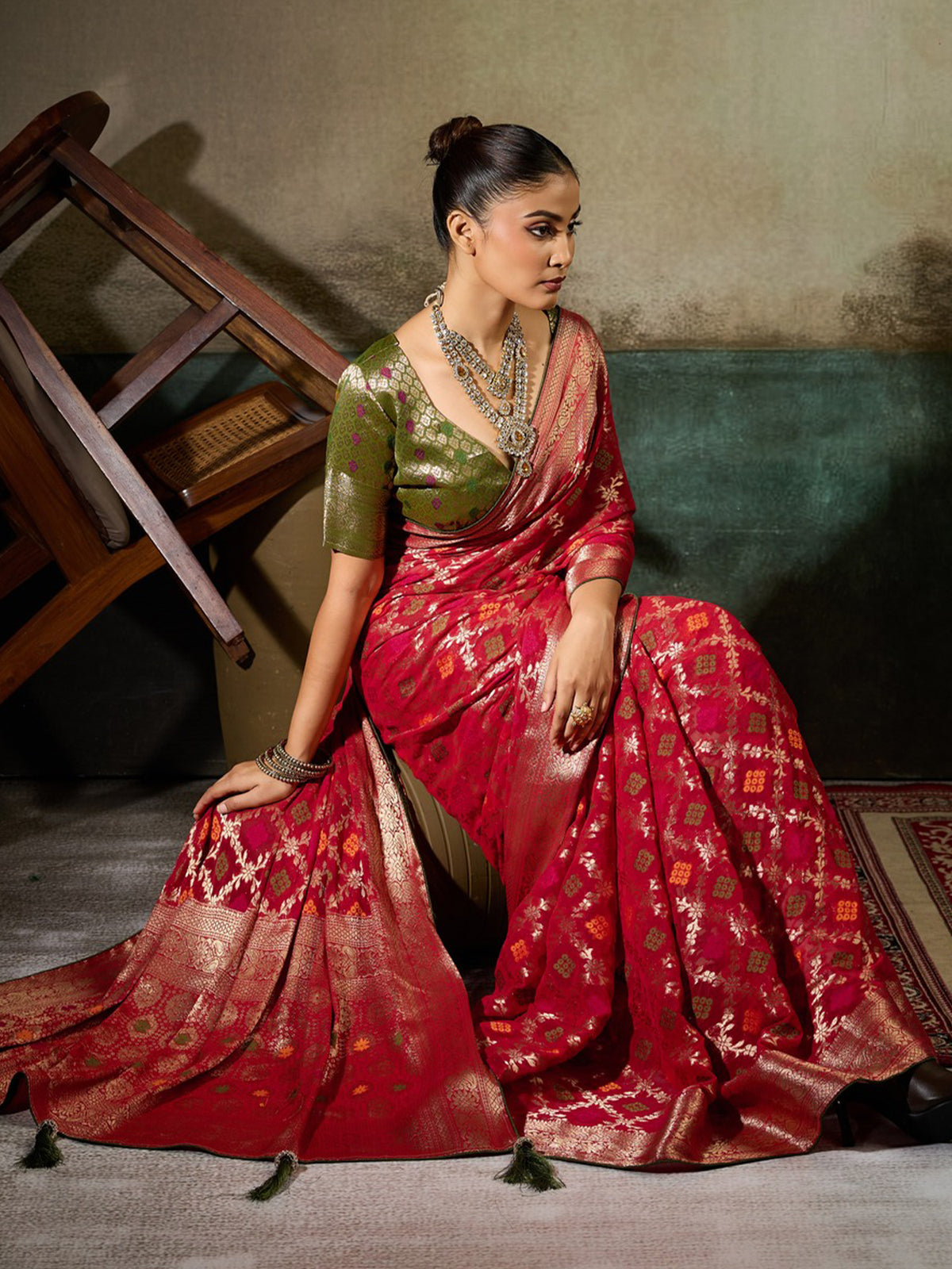Red Georgette saree – detail view 2