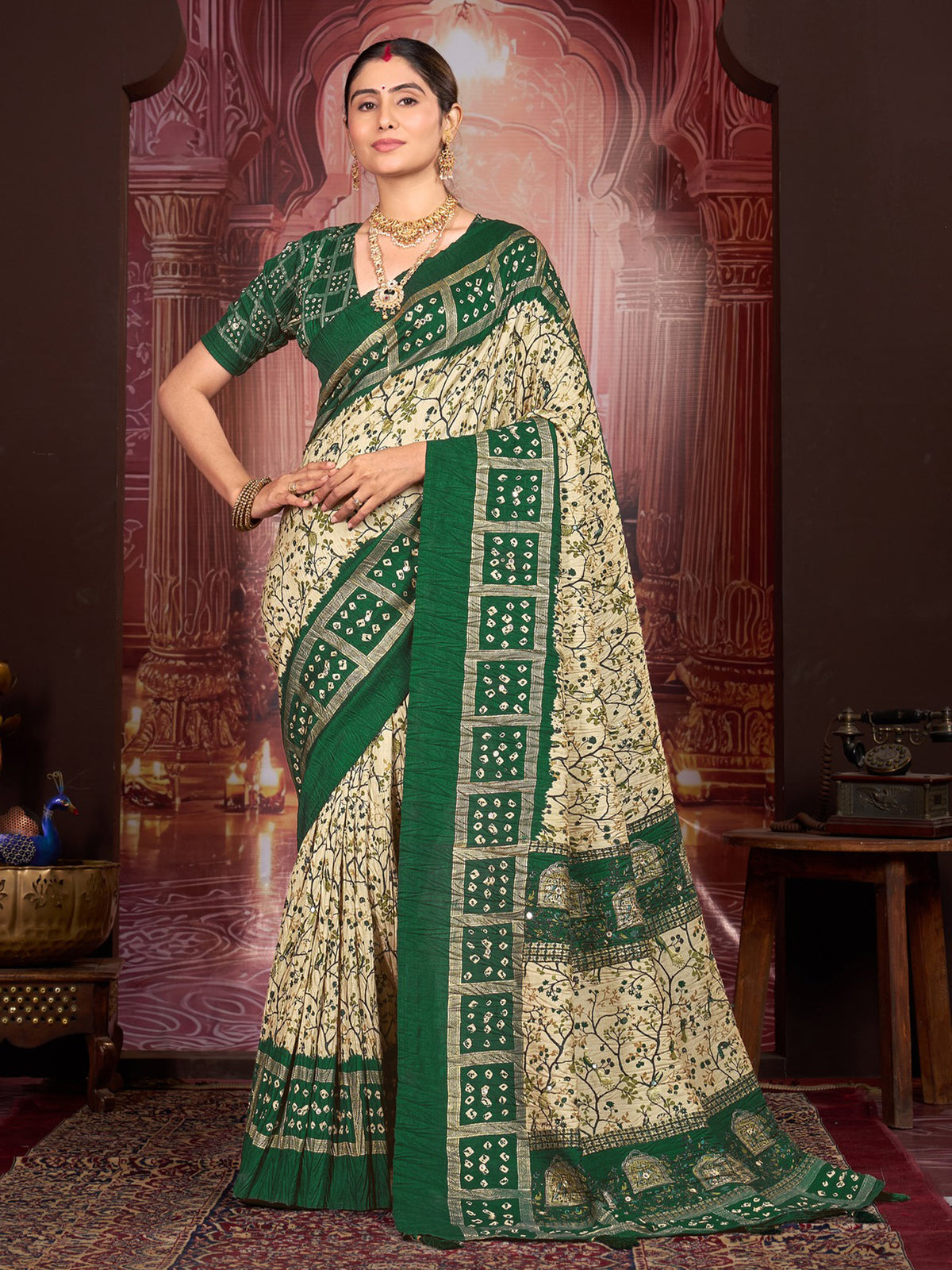 Cream ethnic motif tussar silk saree with green blouse piece