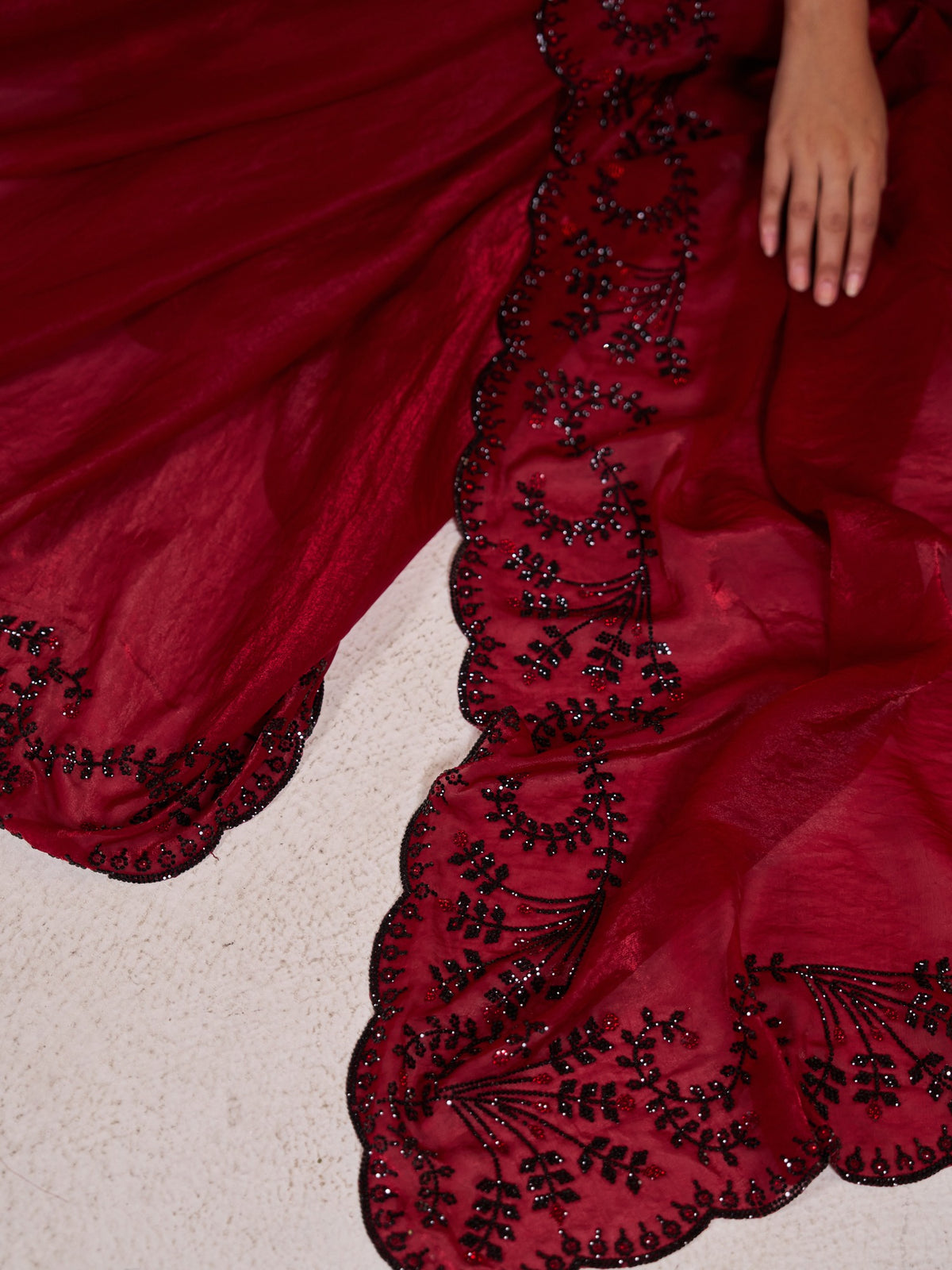Red satin silk saree view 2