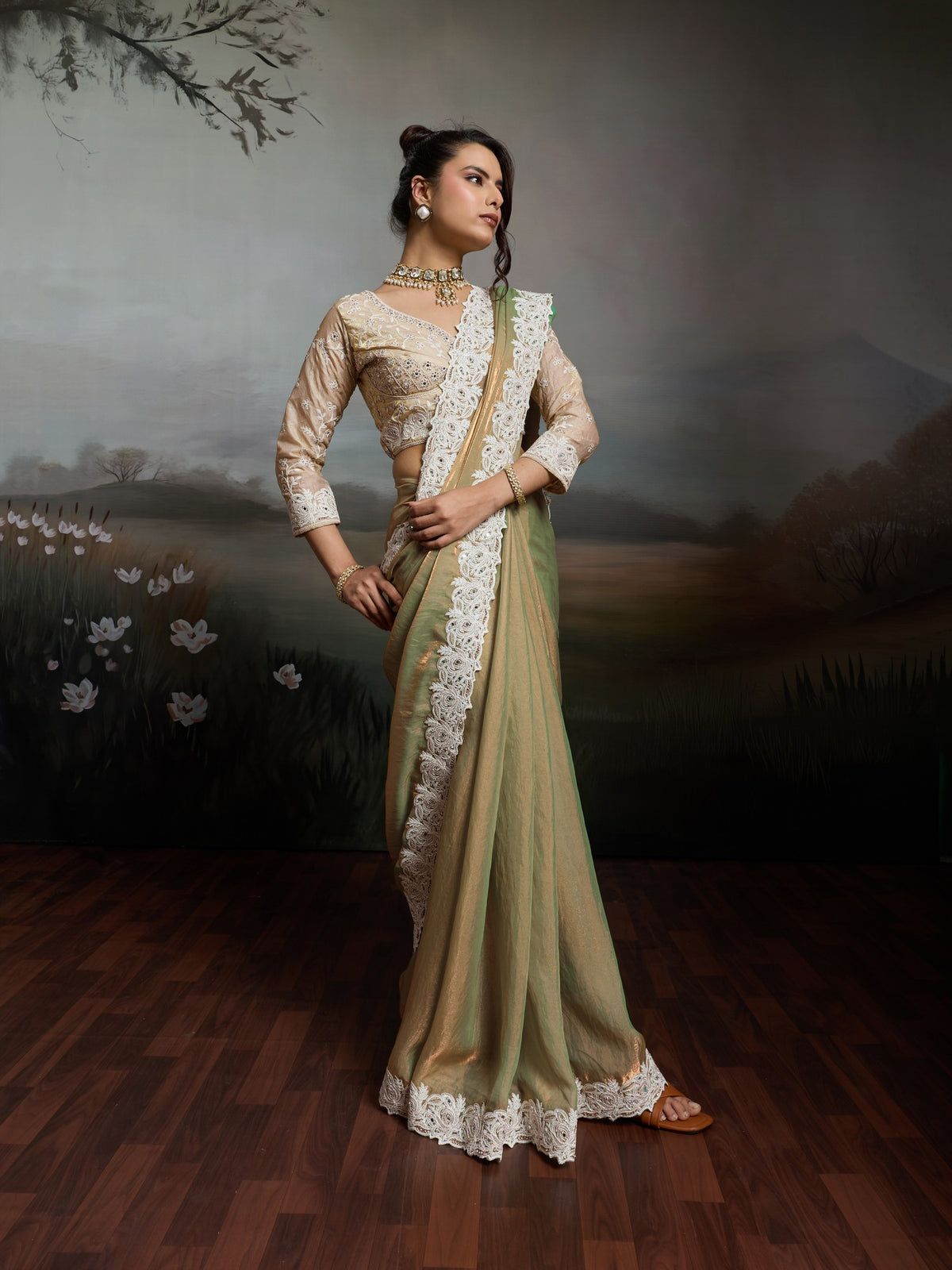 Beige Satin Silk saree – detail view 2