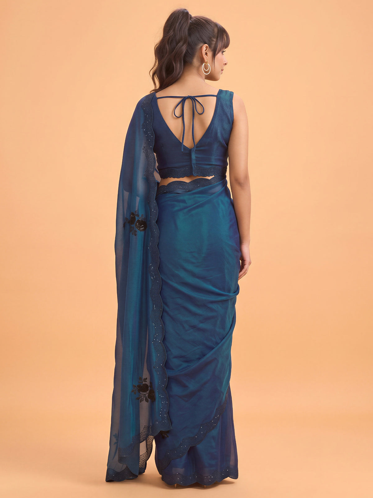 Teal Blue Satin Silk saree – detail view 1