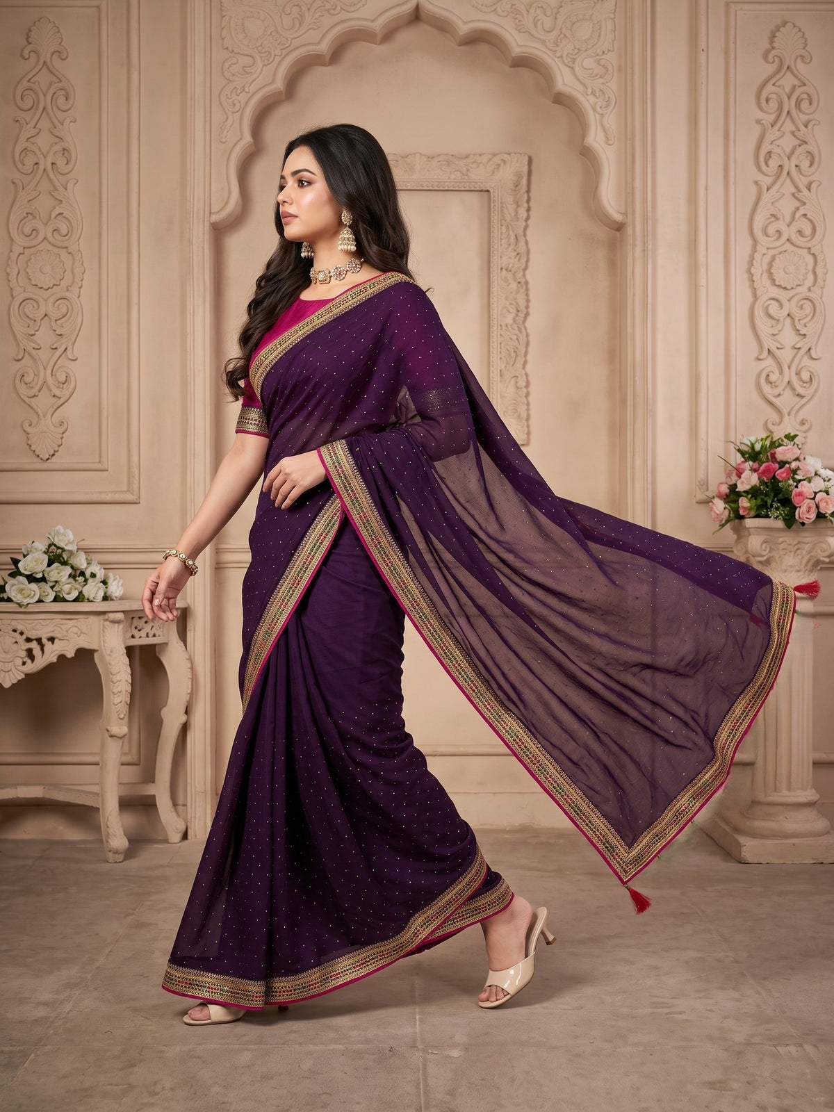 Wine Vichitra Silk saree – detail view 4