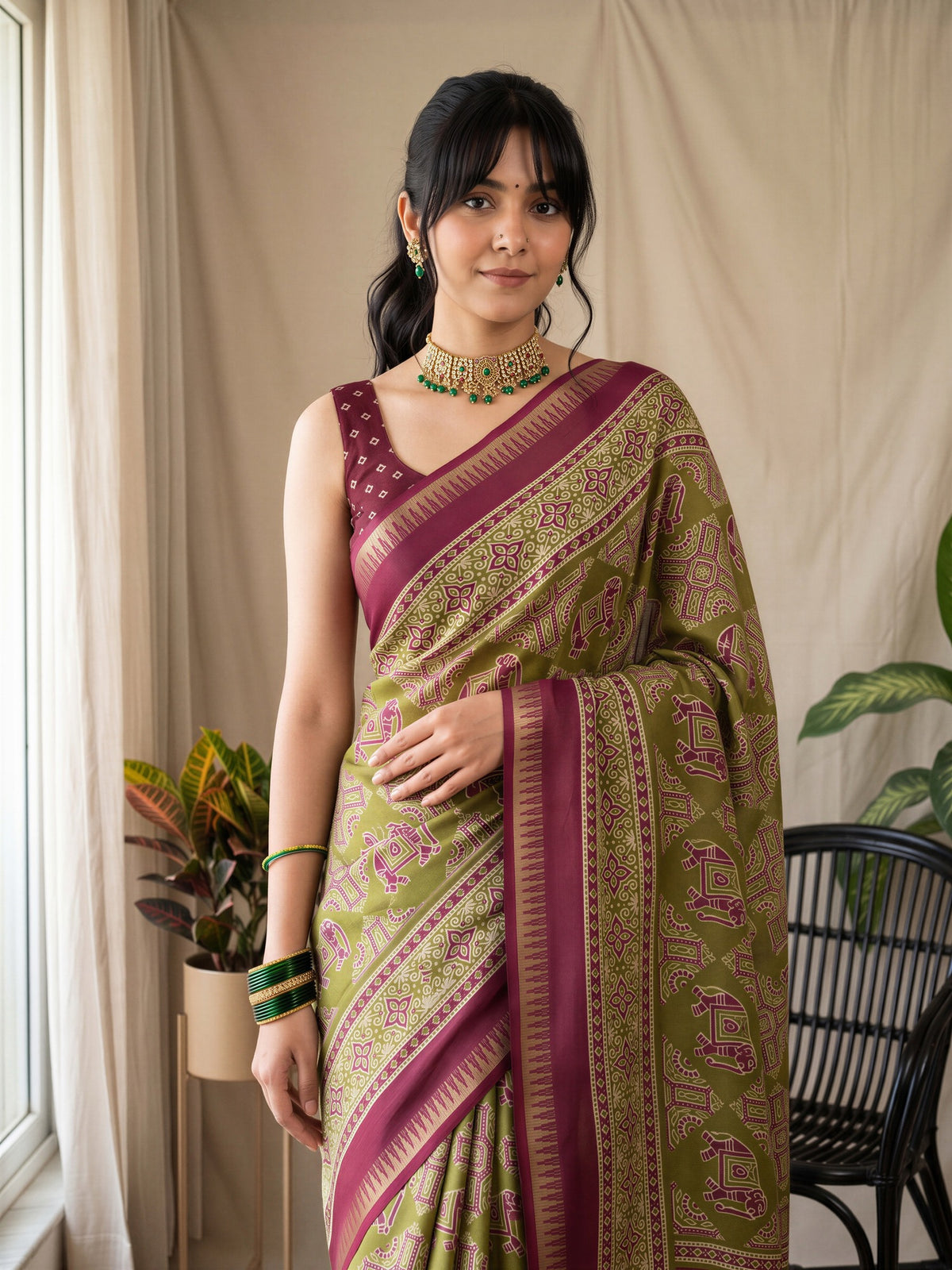 Olive Georgette saree – detail view 3