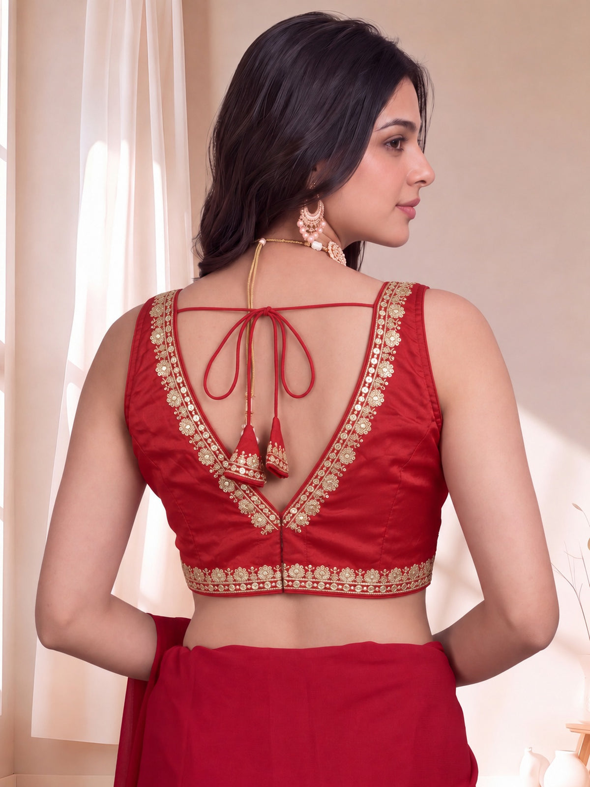 Red sequin embellished silk blend sleeveless readymade saree blouse with deep v neck view 3