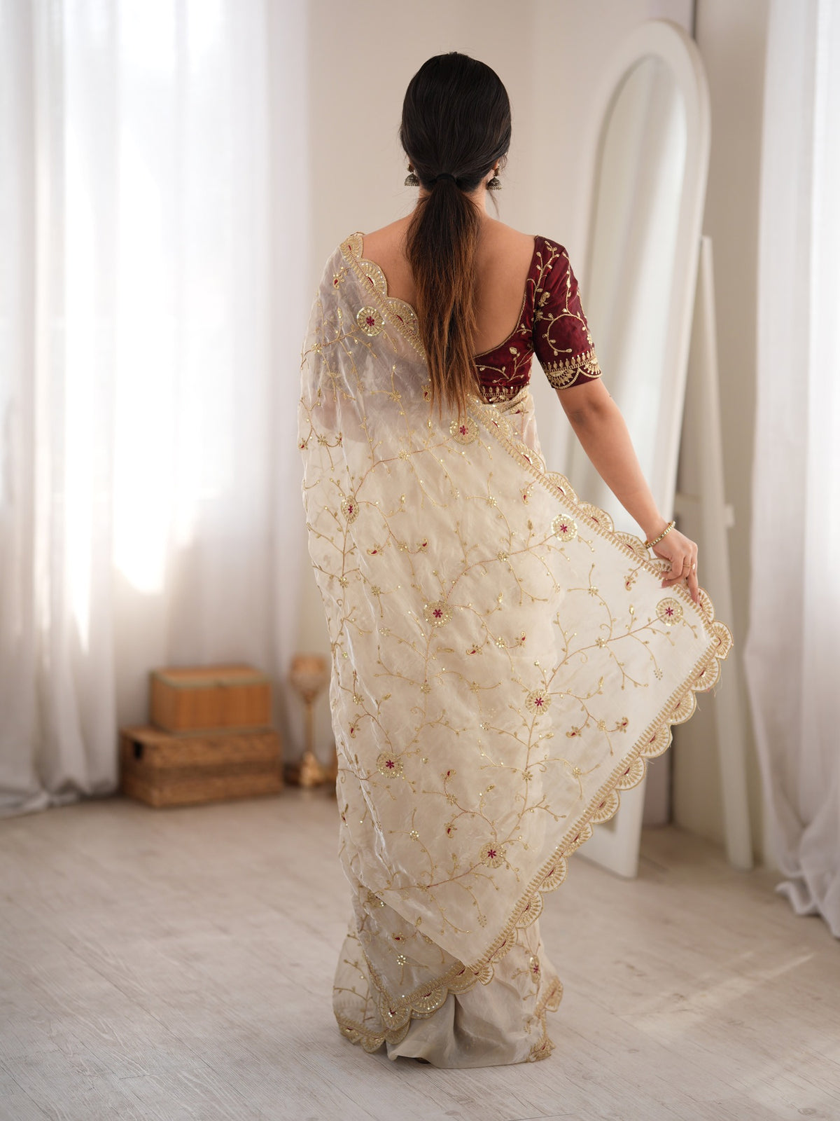 Cream organza saree view 3
