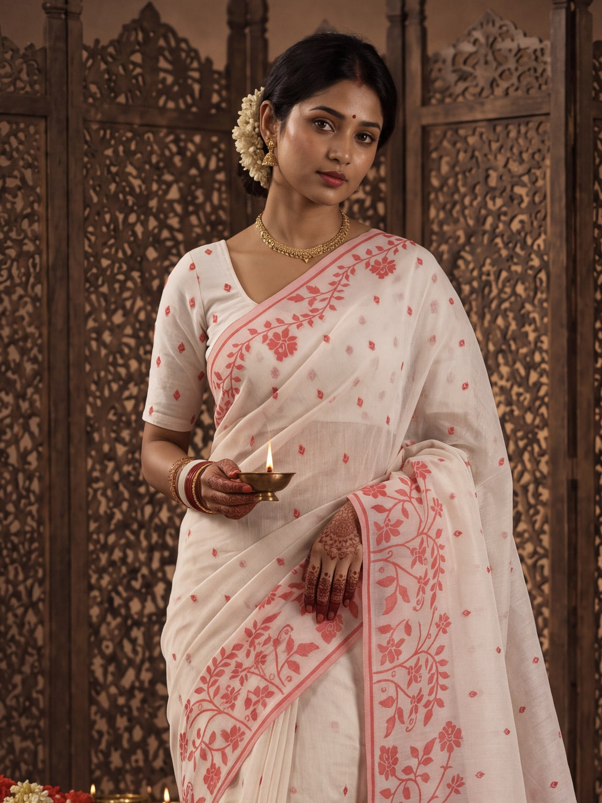 White Cotton Linen saree – detail view 1