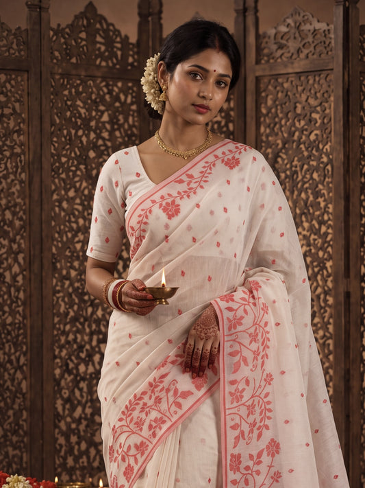 White Cotton Linen saree – detail view 1