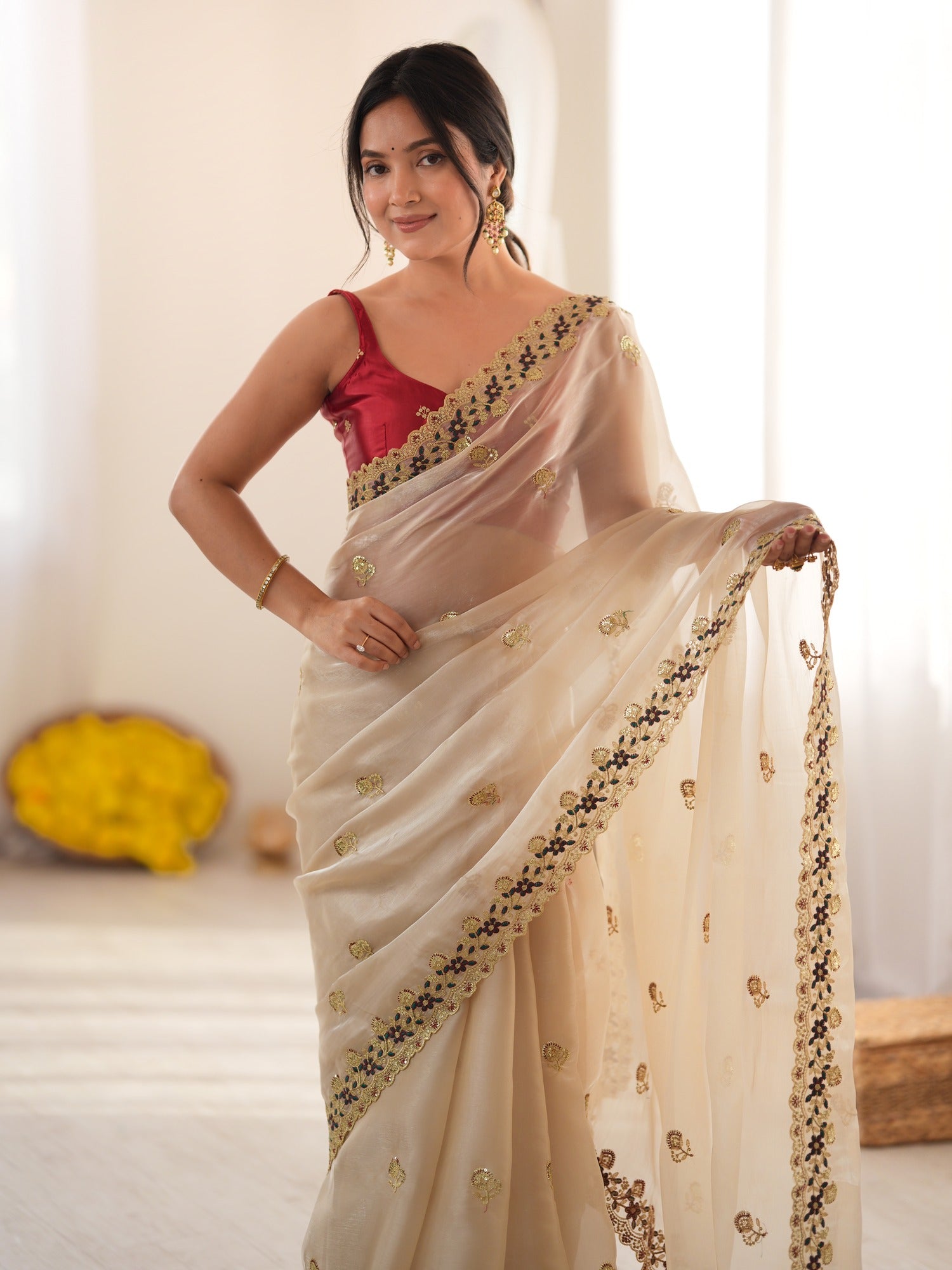 Beige Satin saree – detail view 4