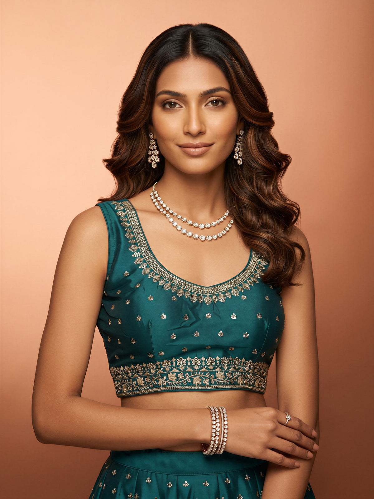 Teal Blue sequin embellished silk blend sleeveless readymade saree blouse with round neck view 3