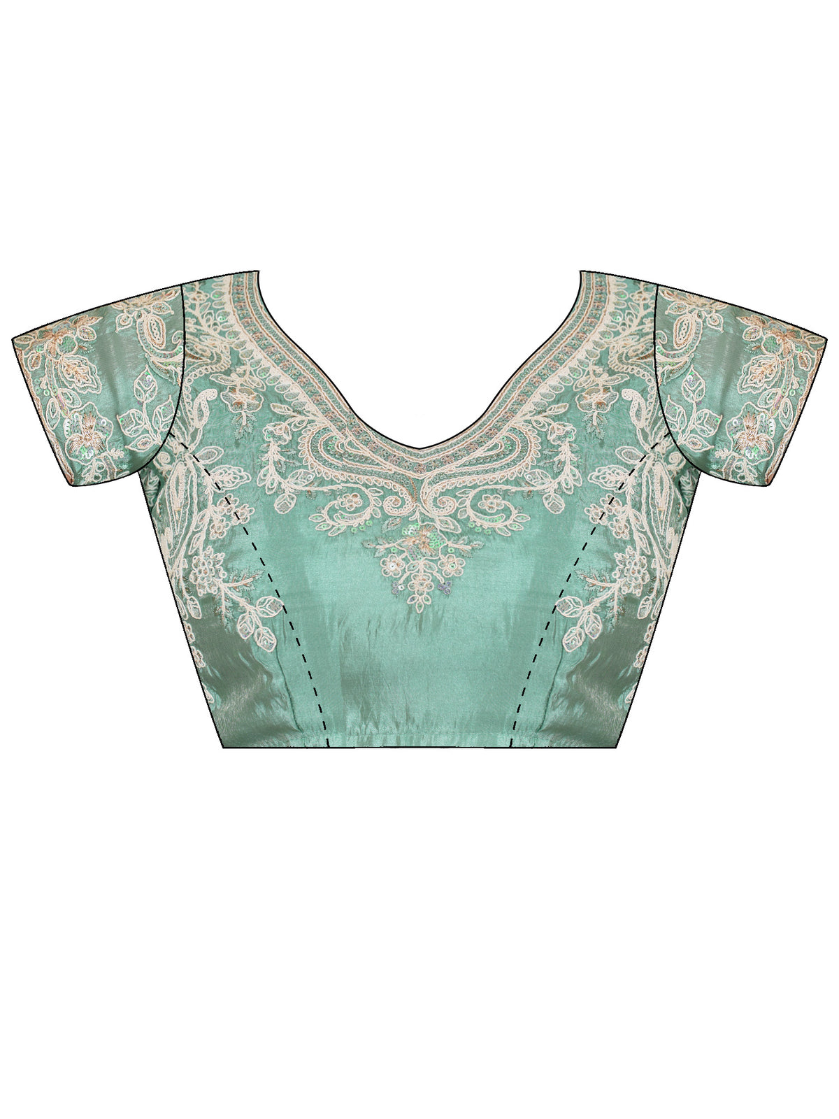 Unstitched turquoise satin silk blouse piece with embellished design