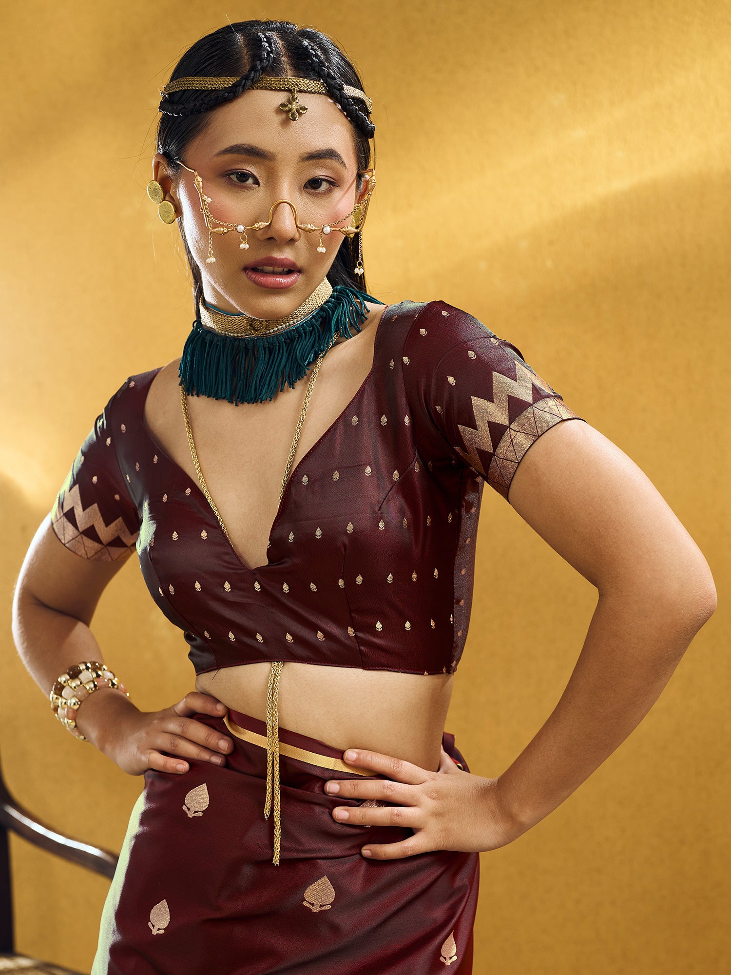 Unstitched maroon satin silk blouse piece with zari butta design