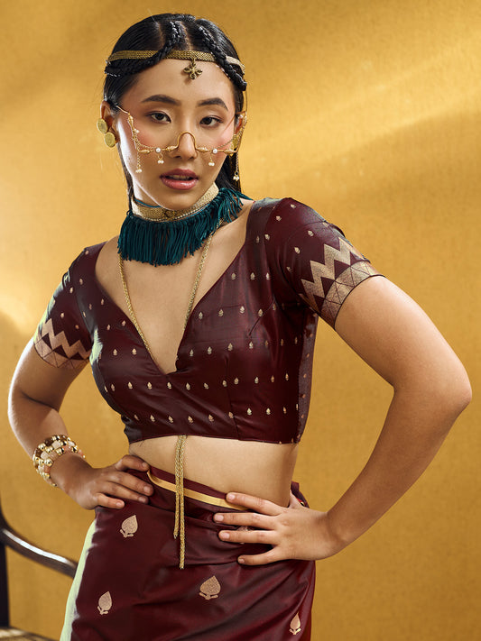 Unstitched maroon satin silk blouse piece with zari butta design