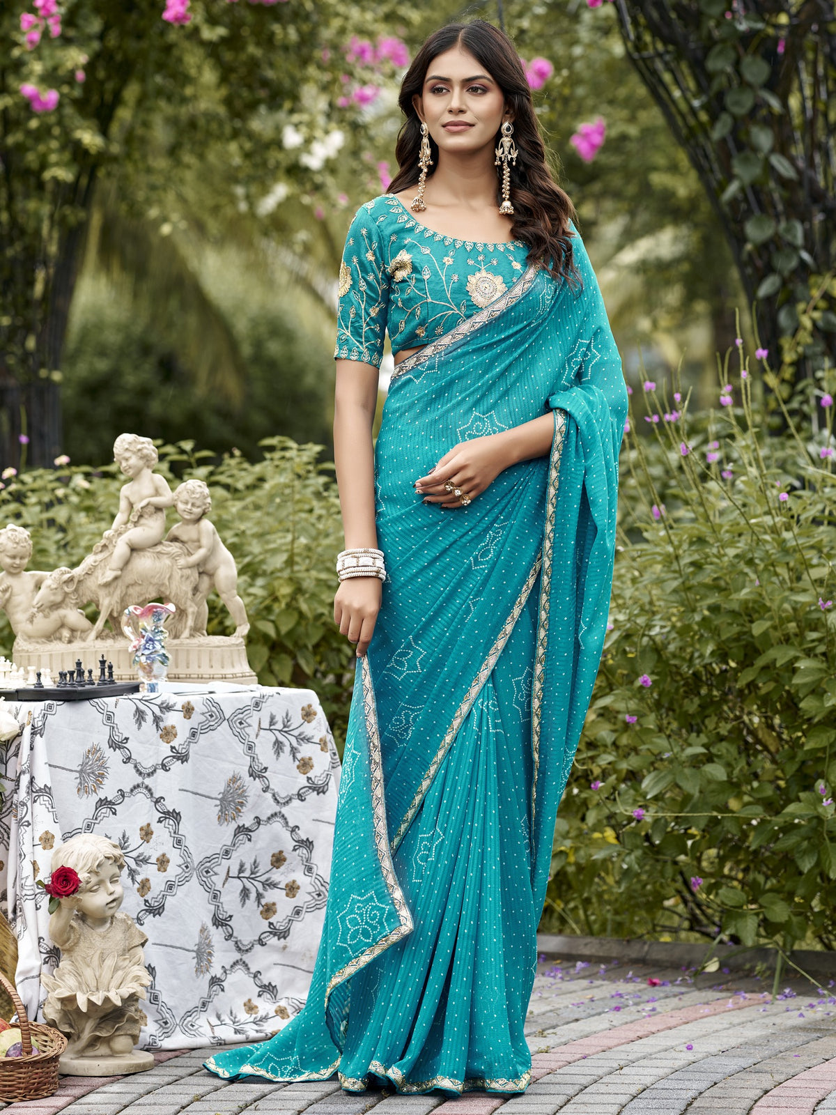 Turquoise Blue georgette saree view 2