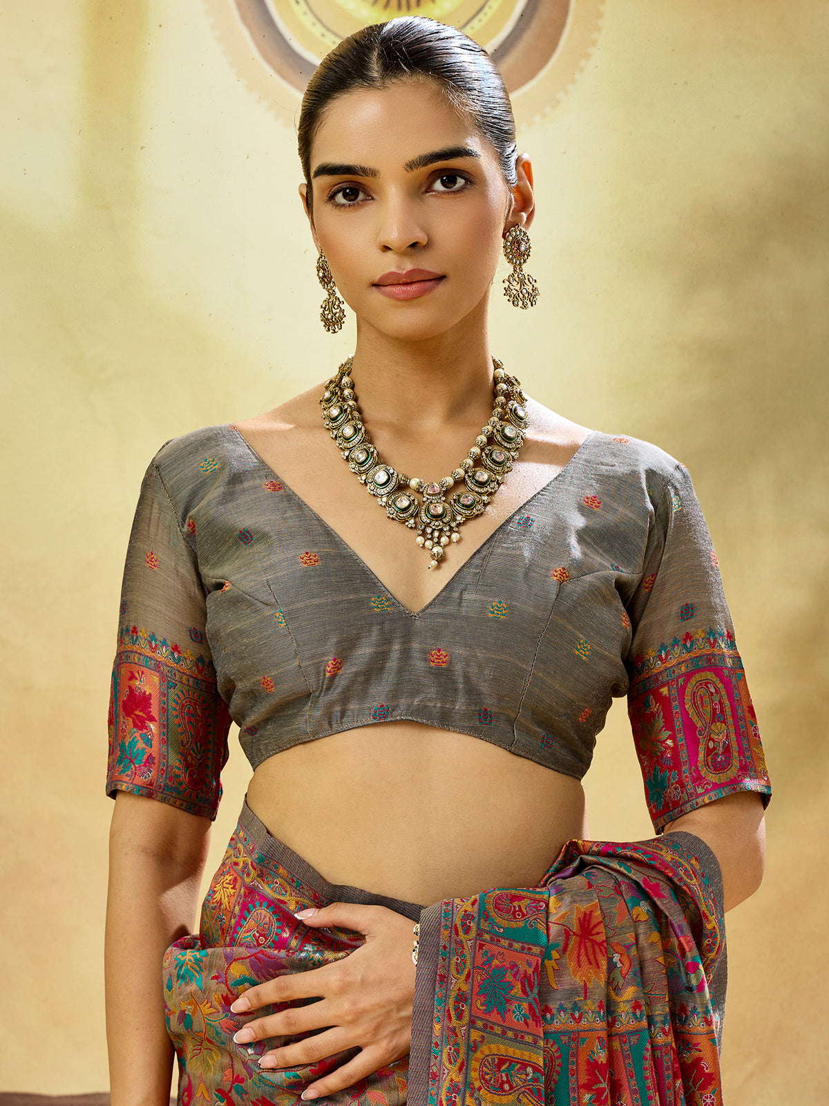 Unstitched grey muga cotton blouse piece with woven design design