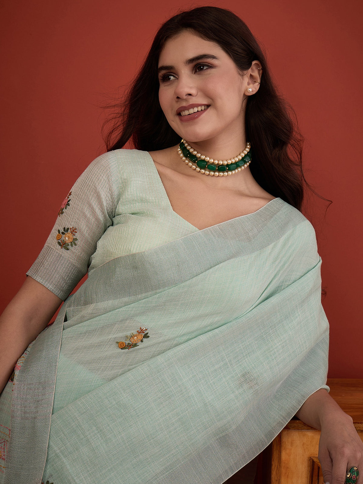 Light Blue linen blend saree view 6