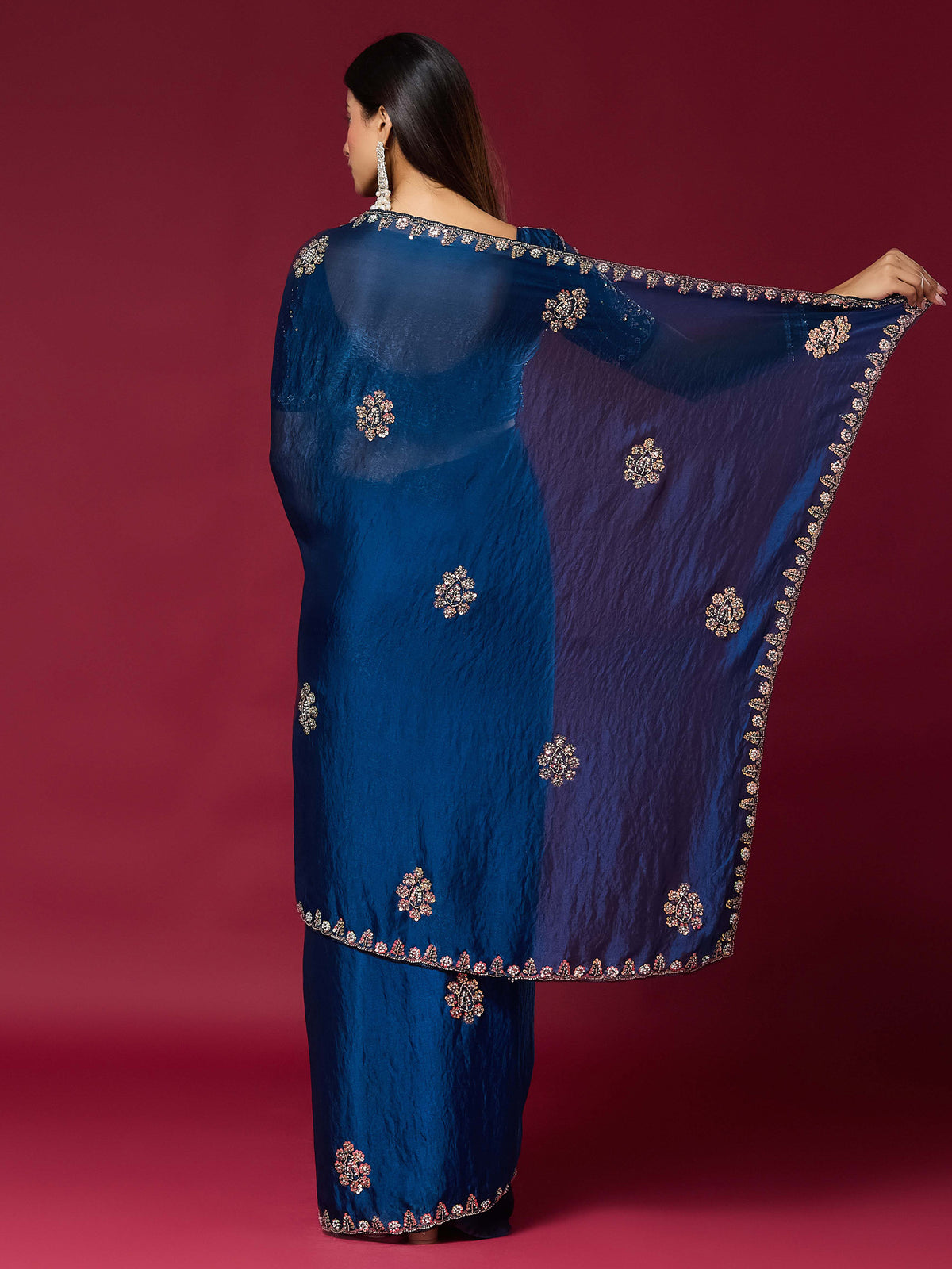 Teal Blue Satin Silk saree – detail view 1