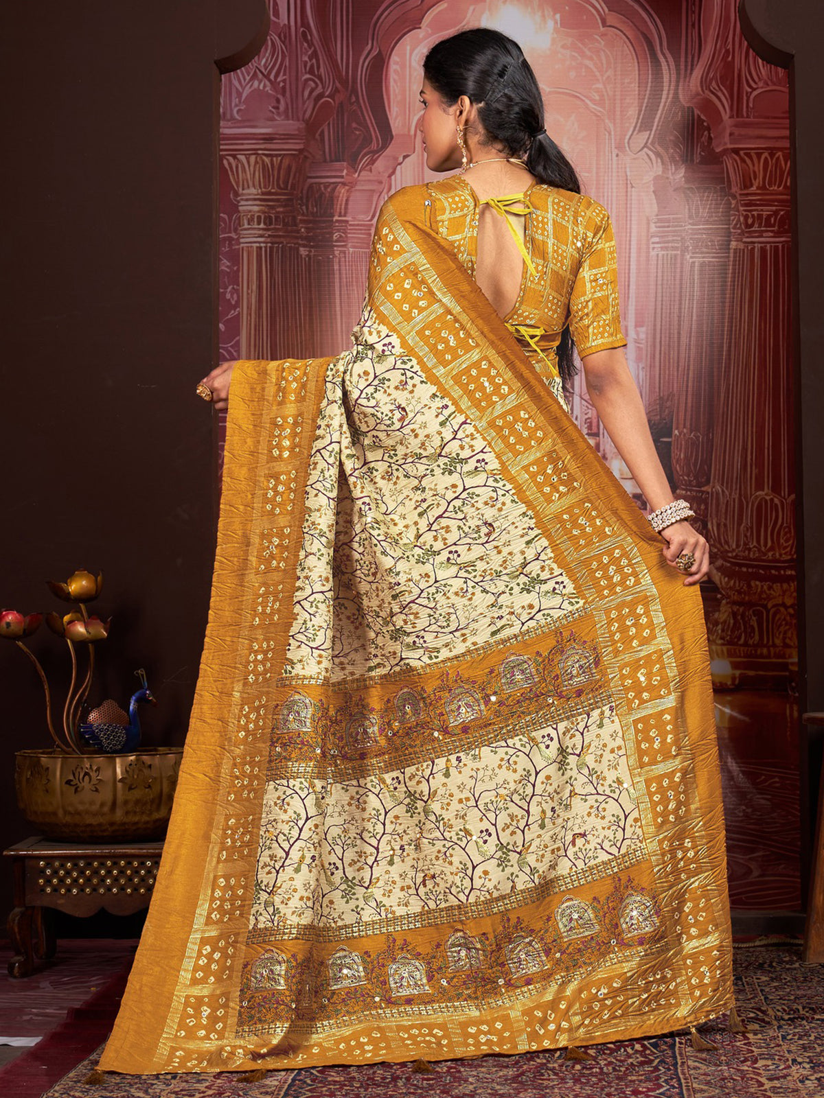 Cream tussar silk saree view 2