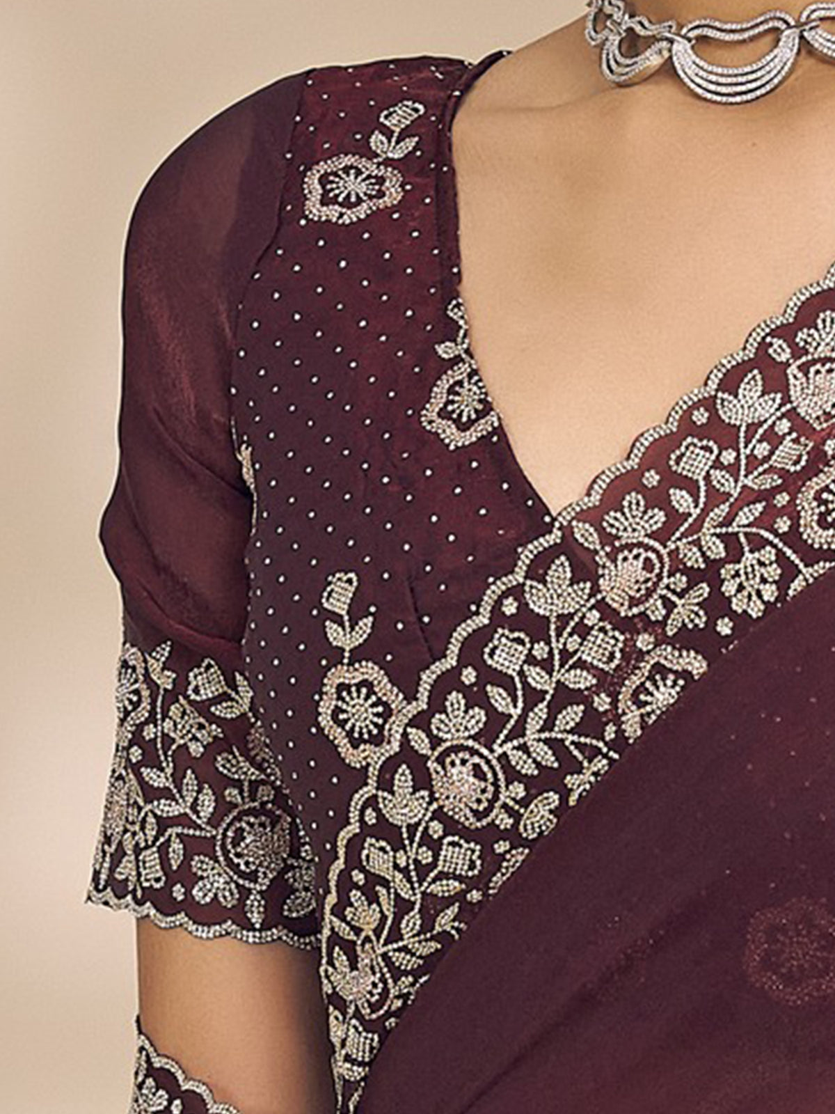 Unstitched wine satin silk blouse piece with embellished design