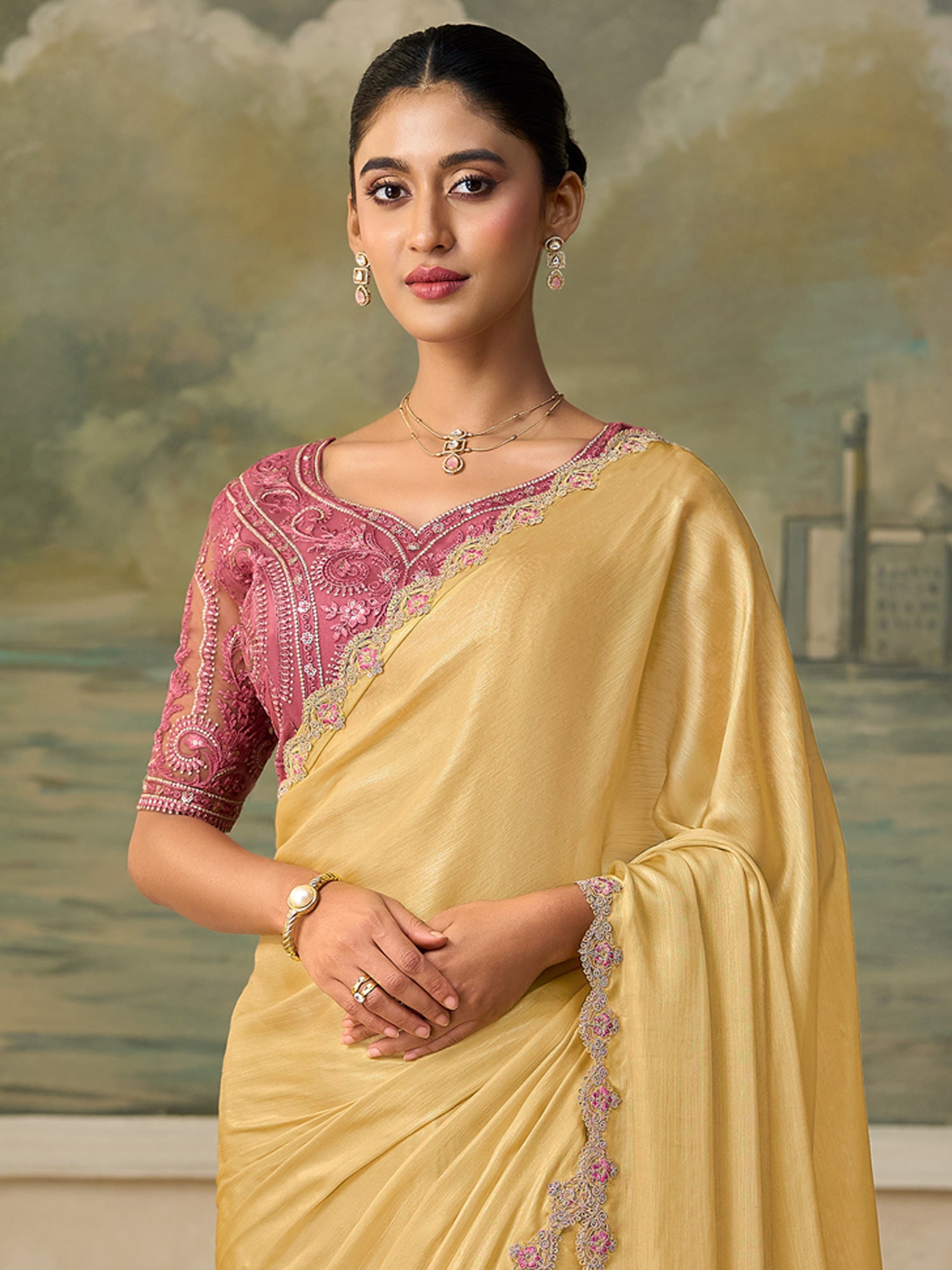 Yellow Chiffon saree – detail view 2