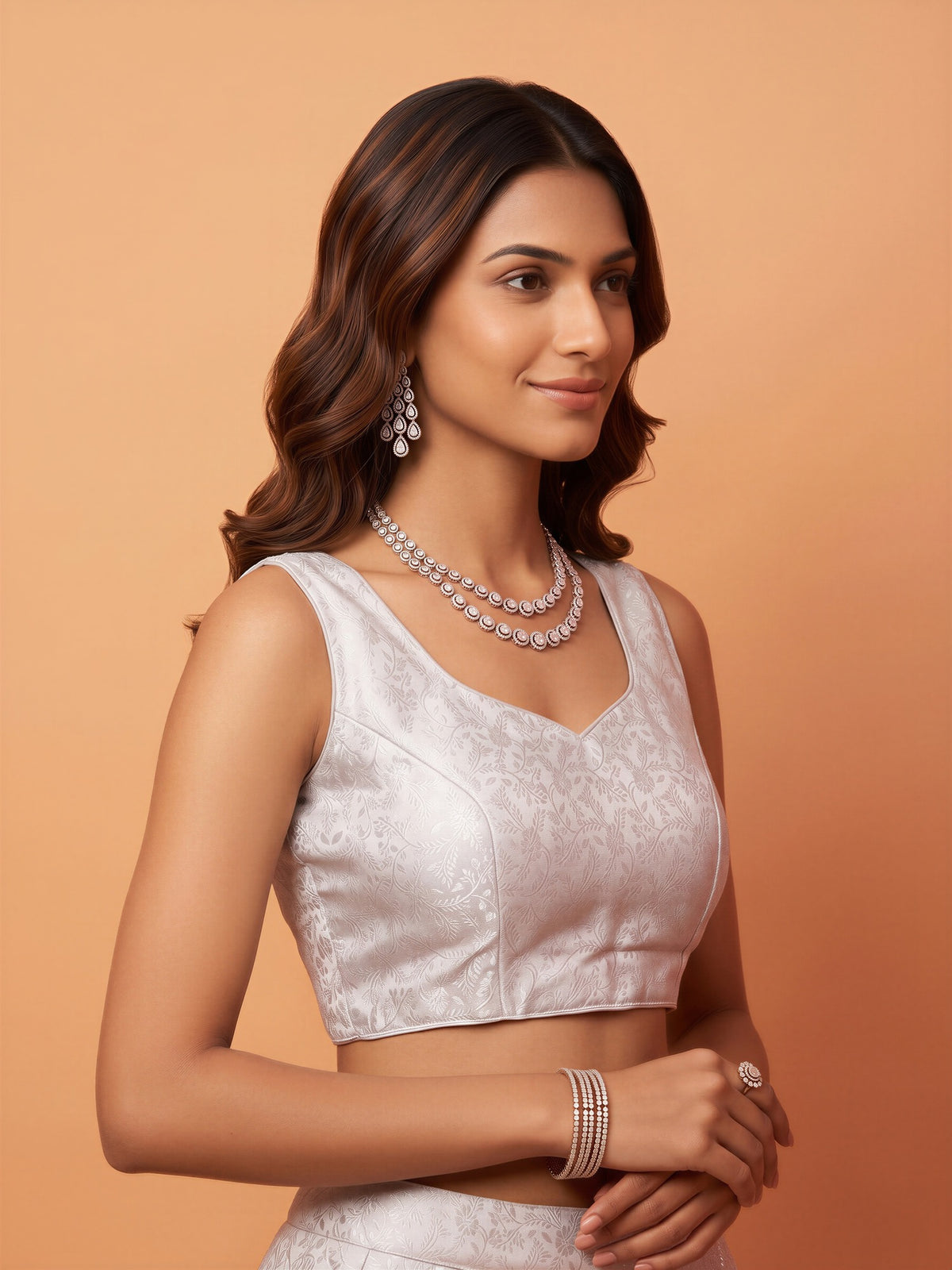 White woven brocade silk blend sleeveless readymade saree blouse with sweetheart neck view 2