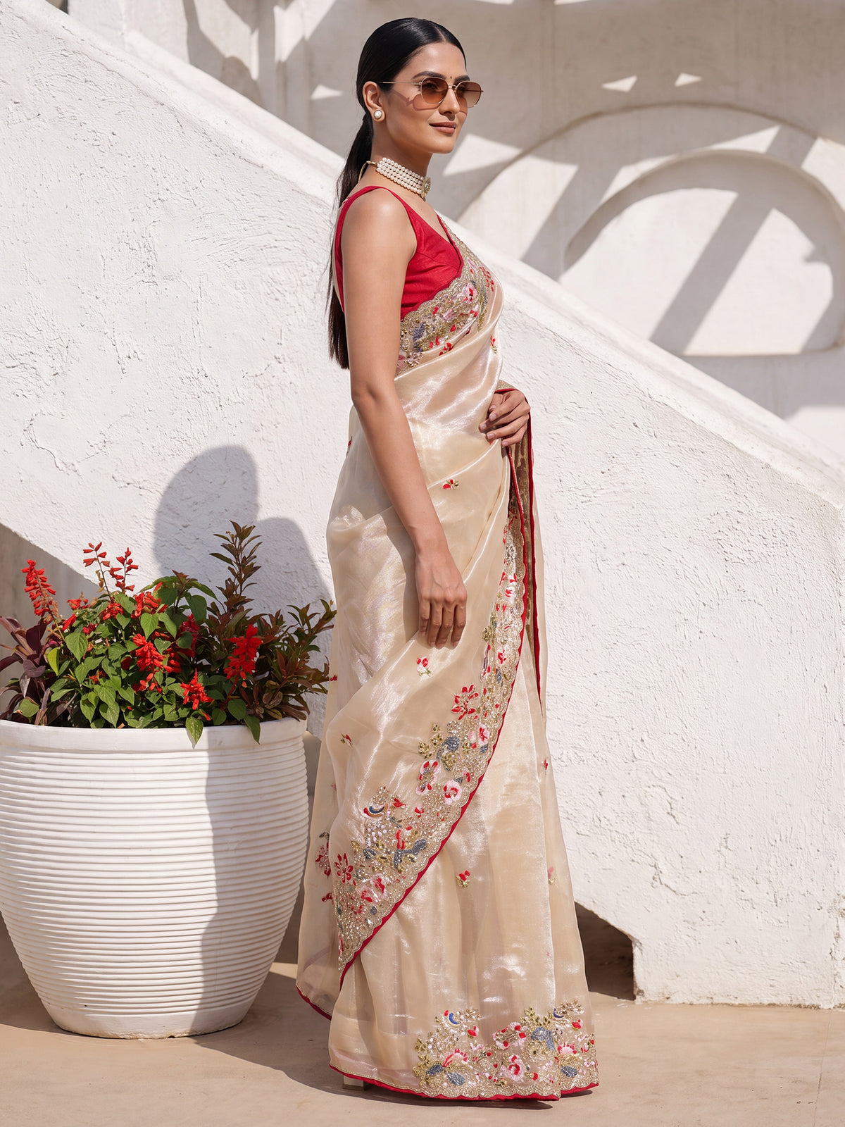Beige Organza saree – detail view 2