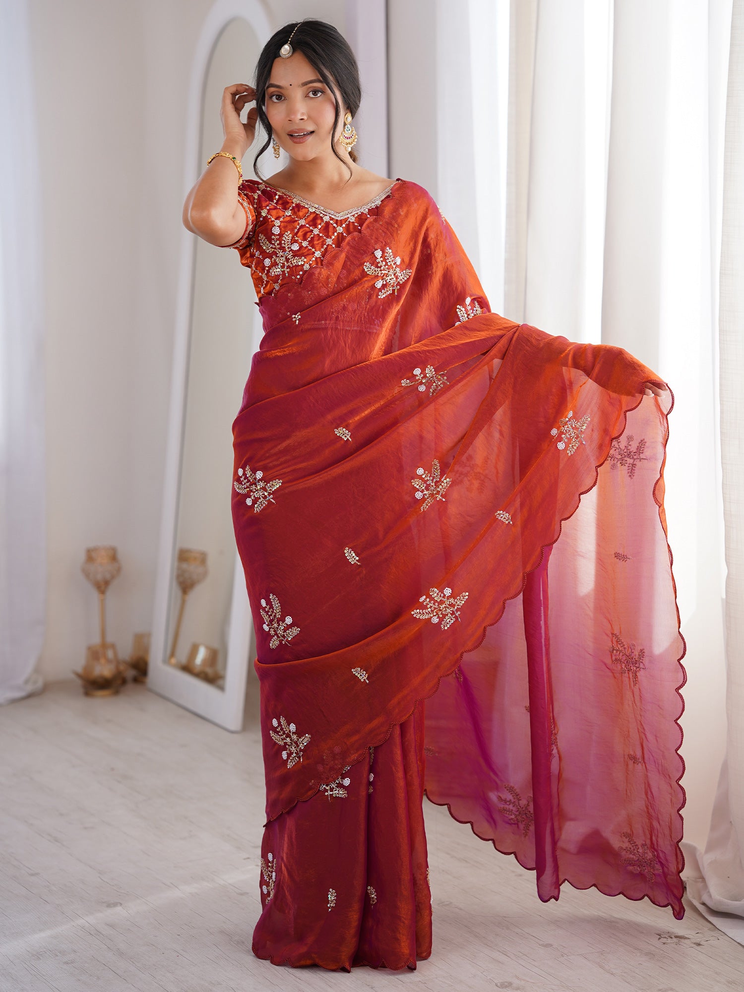 Rust Satin saree – detail view 3