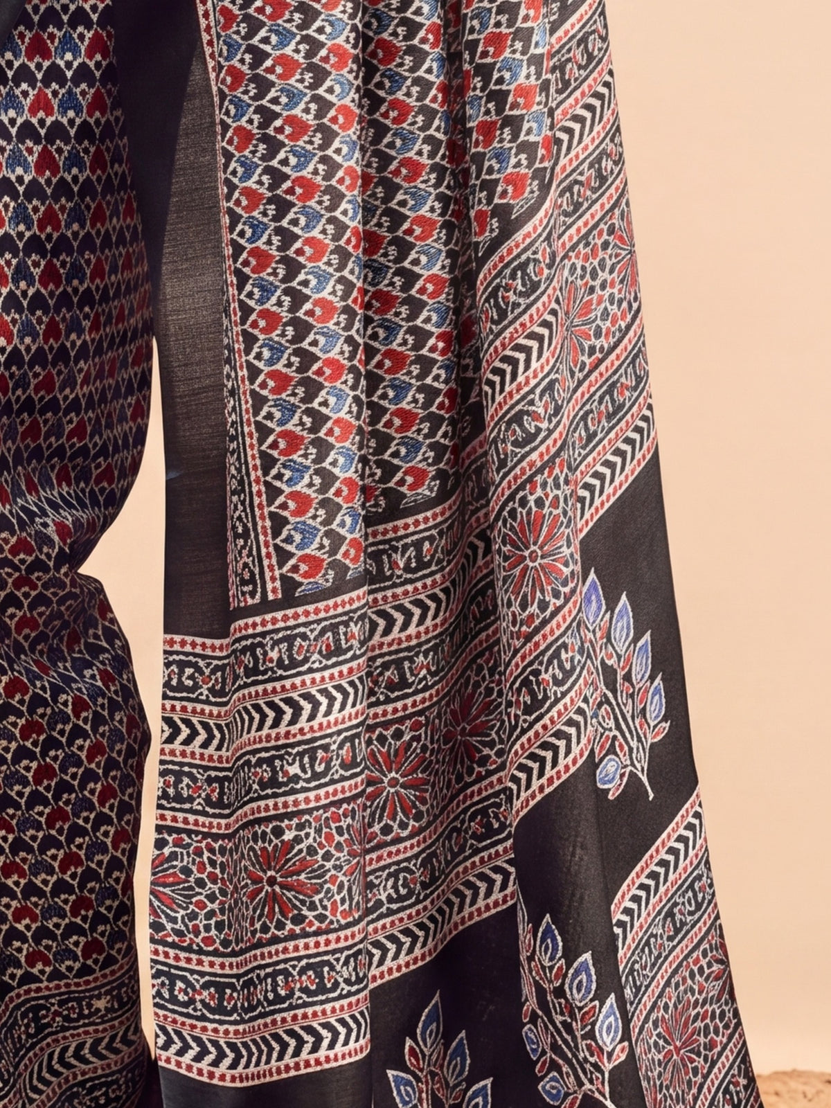 Pallu detail of black dola silk saree showing woven motif design and printed border