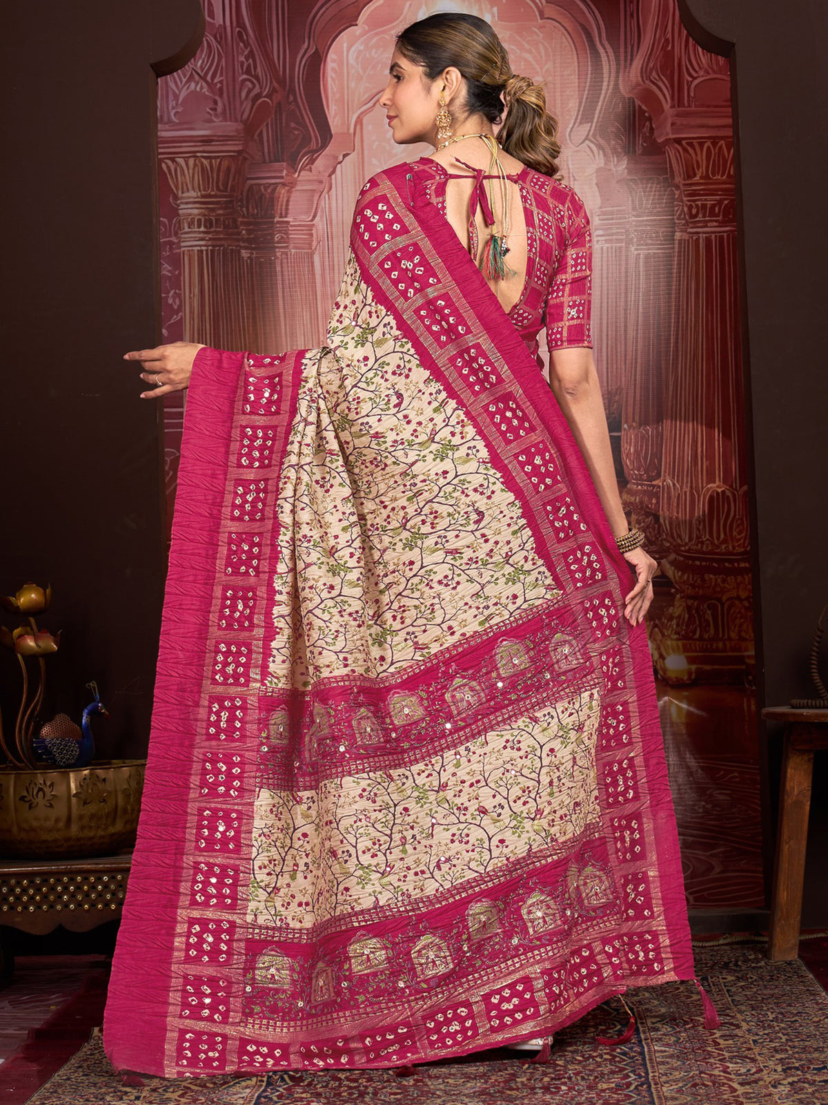 Cream tussar silk saree view 2